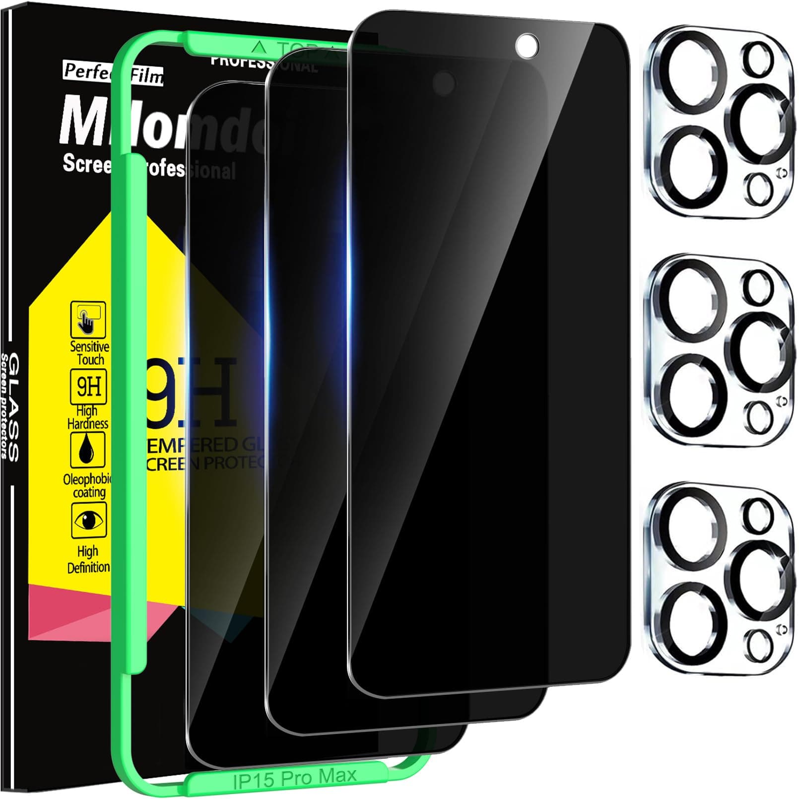 Milomdoi 3 Pack Privacy Screen Protector for Apple iPhone 15 Pro Max with 3 Pack Tempered Glass Camera Lens Protector, Ultra 9H Accessories, Case Friendly, Mounting Frame, 2.5D Curved, Black