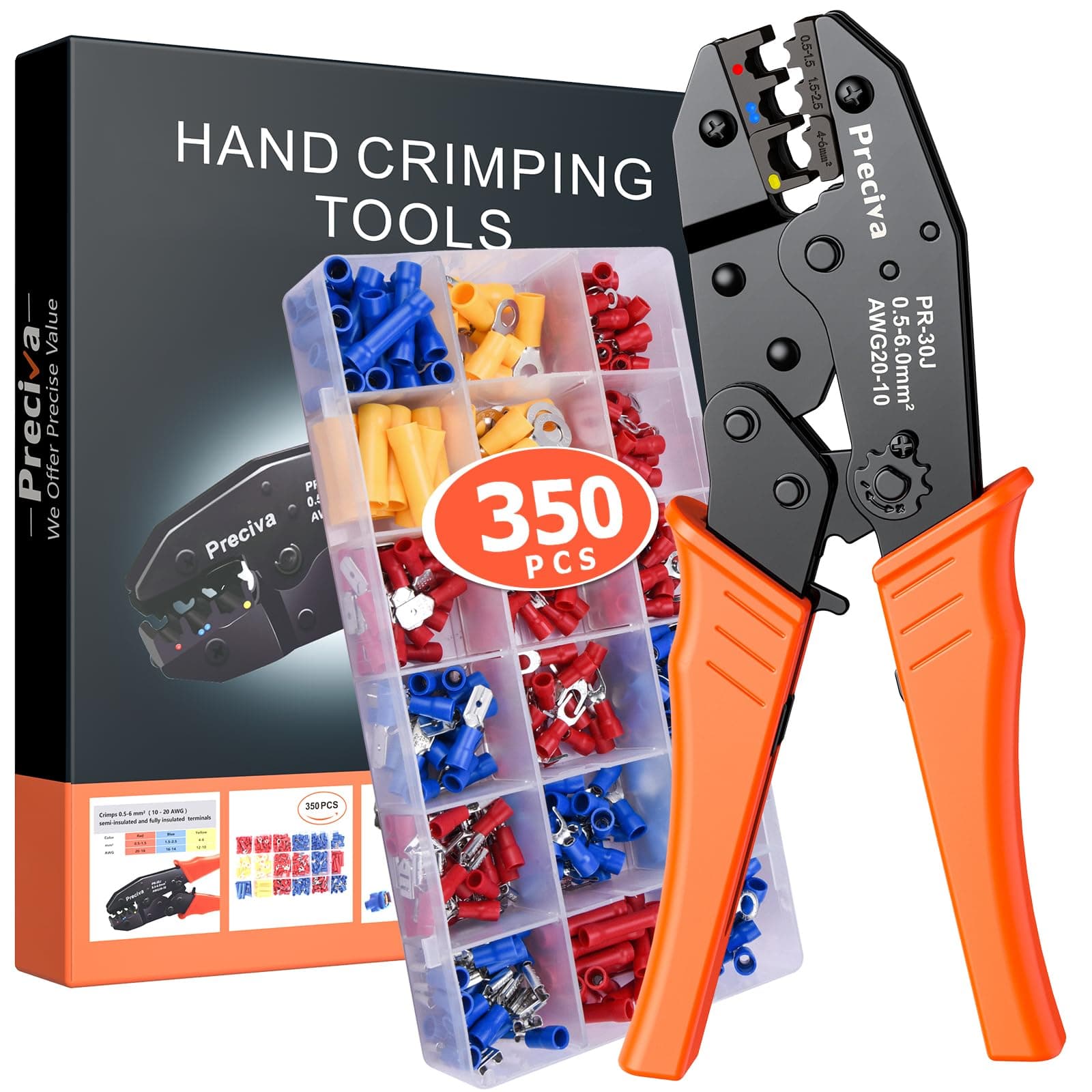 Wire Terminals Crimping Tool Kit, Preciva AWG22-10/0.5-6mm²Insulated Ratcheting Crimper Tool with 350PCS Insulated Wire Connectors.