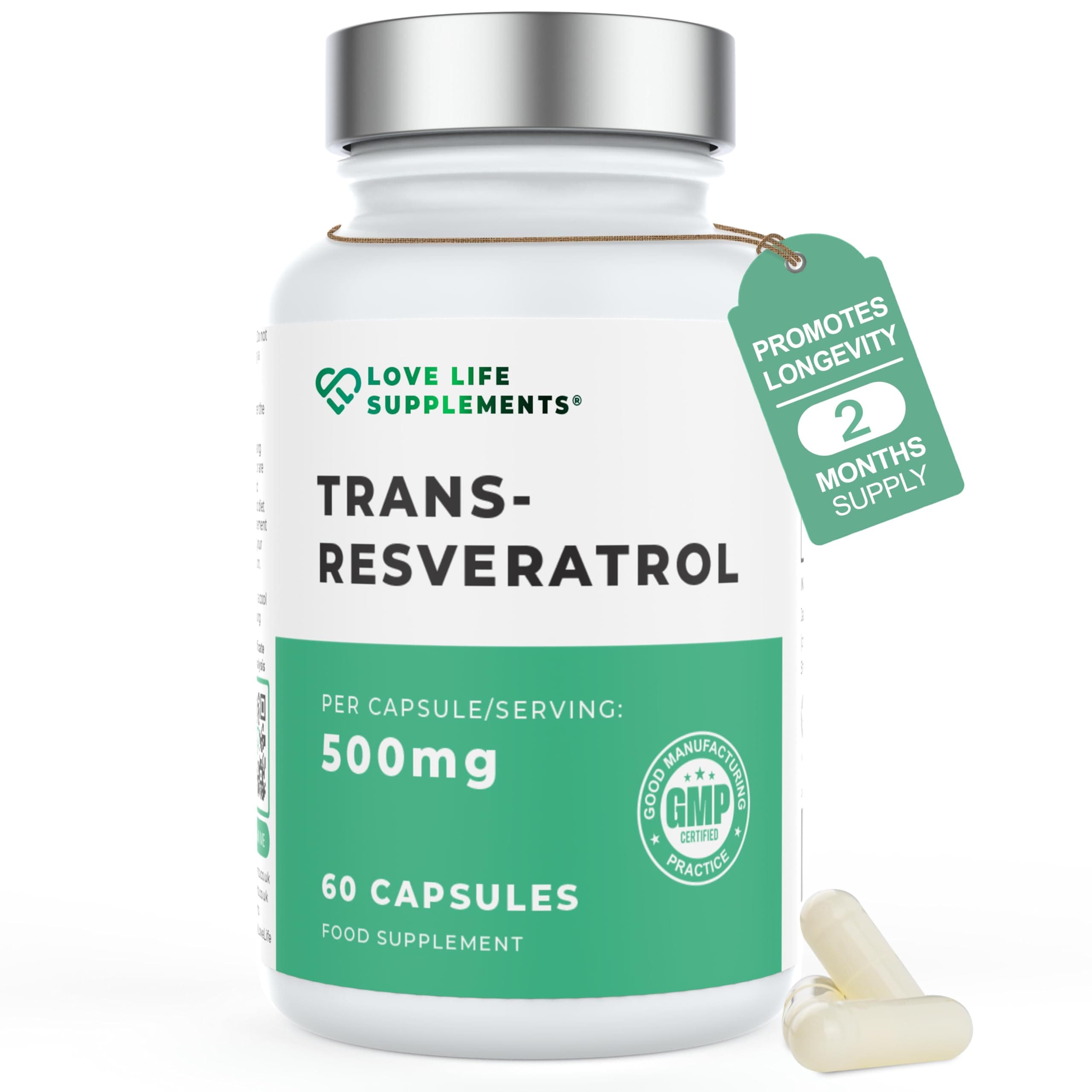 High Strength Trans-Resveratrol - 98% Purity (3rd Party Tested) | 500mg x 60 Capsules / 60 Servings | from Japanese Knotweed Root Extract | Pure Fill (Nothing Else Added) | Love Life Supplements