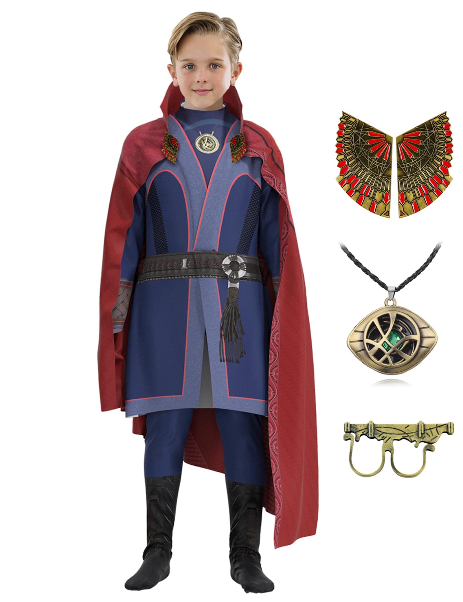 Kids Strange Costume Cosplay Dr Cape Jumpsuit Ring Props with Magic Power Necklace(size 130)