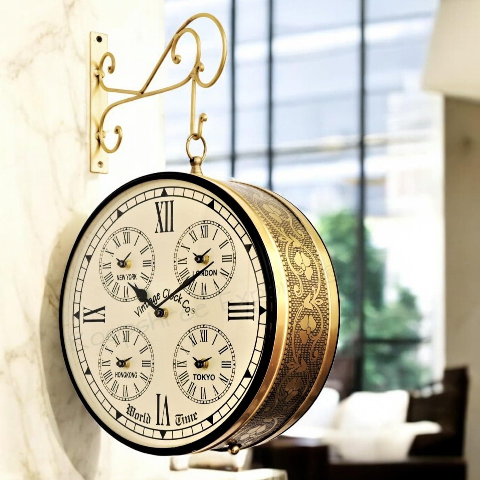 Handcrafted Double Side Clock with World Time/Railway (Station) Clock/Brass Finish / 12 Inches Size/One Side World Clock Other Side roman Number