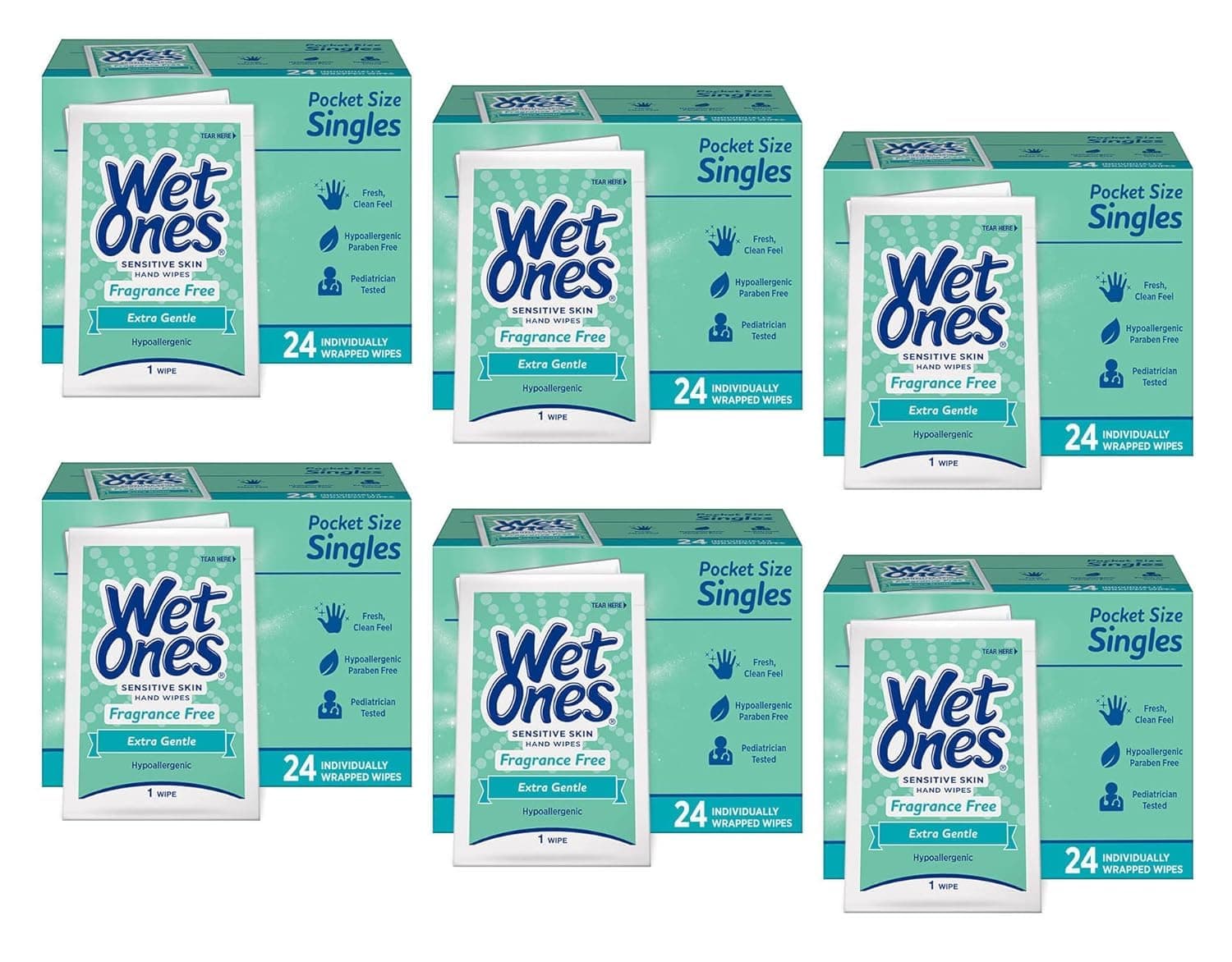 WET ONES Sensitive Skin Hand Wipes, Singles Extra Gentle Fragrance & Alcohol Free 24 ea ( Pack of 6)