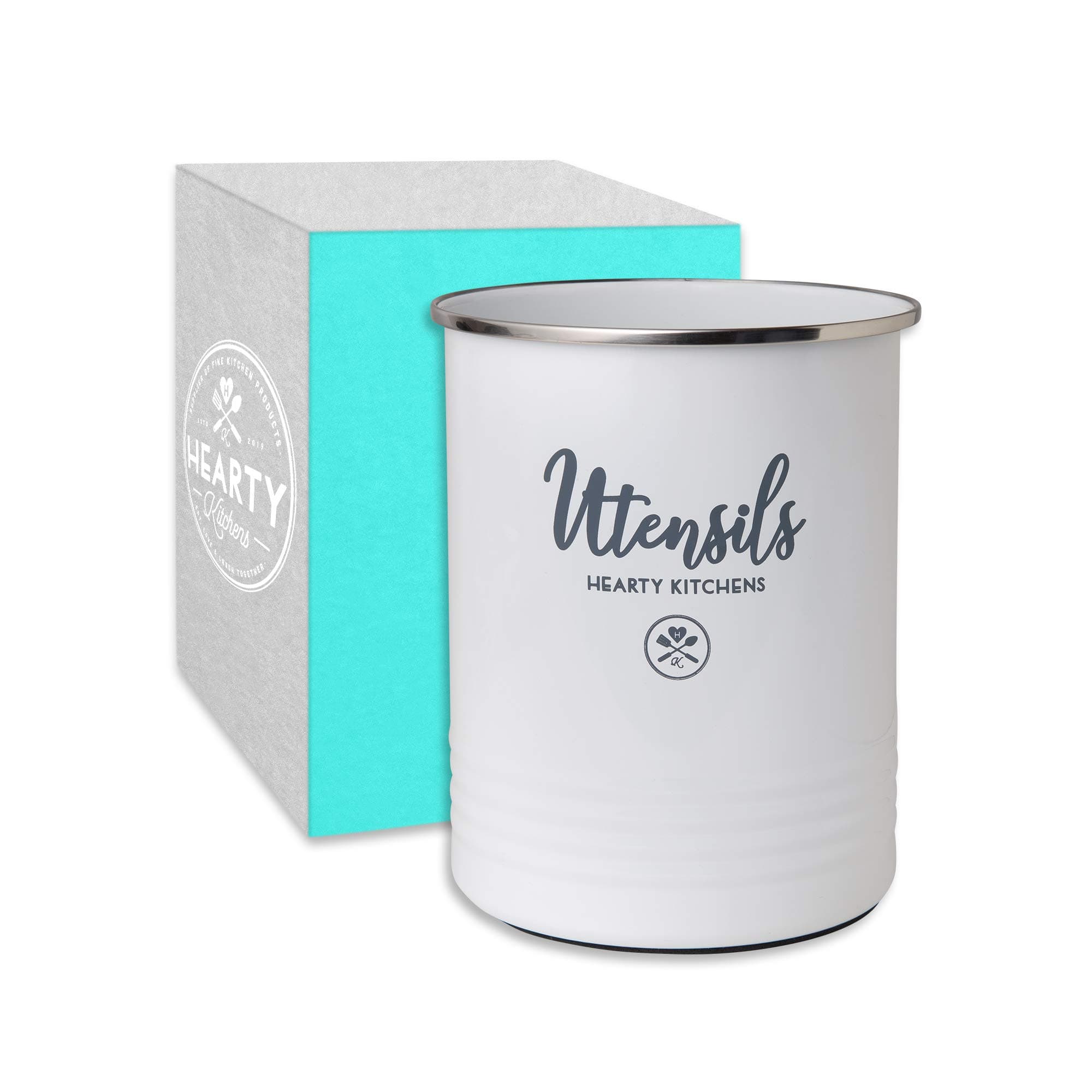 Farmhouse White Kitchen Utensil Holder for Countertop - Crock with anti-slip base pad - Space Saver with Vintage Home Décor Appeal - Great Size Generously Holds Both Your Long and Short Utensils