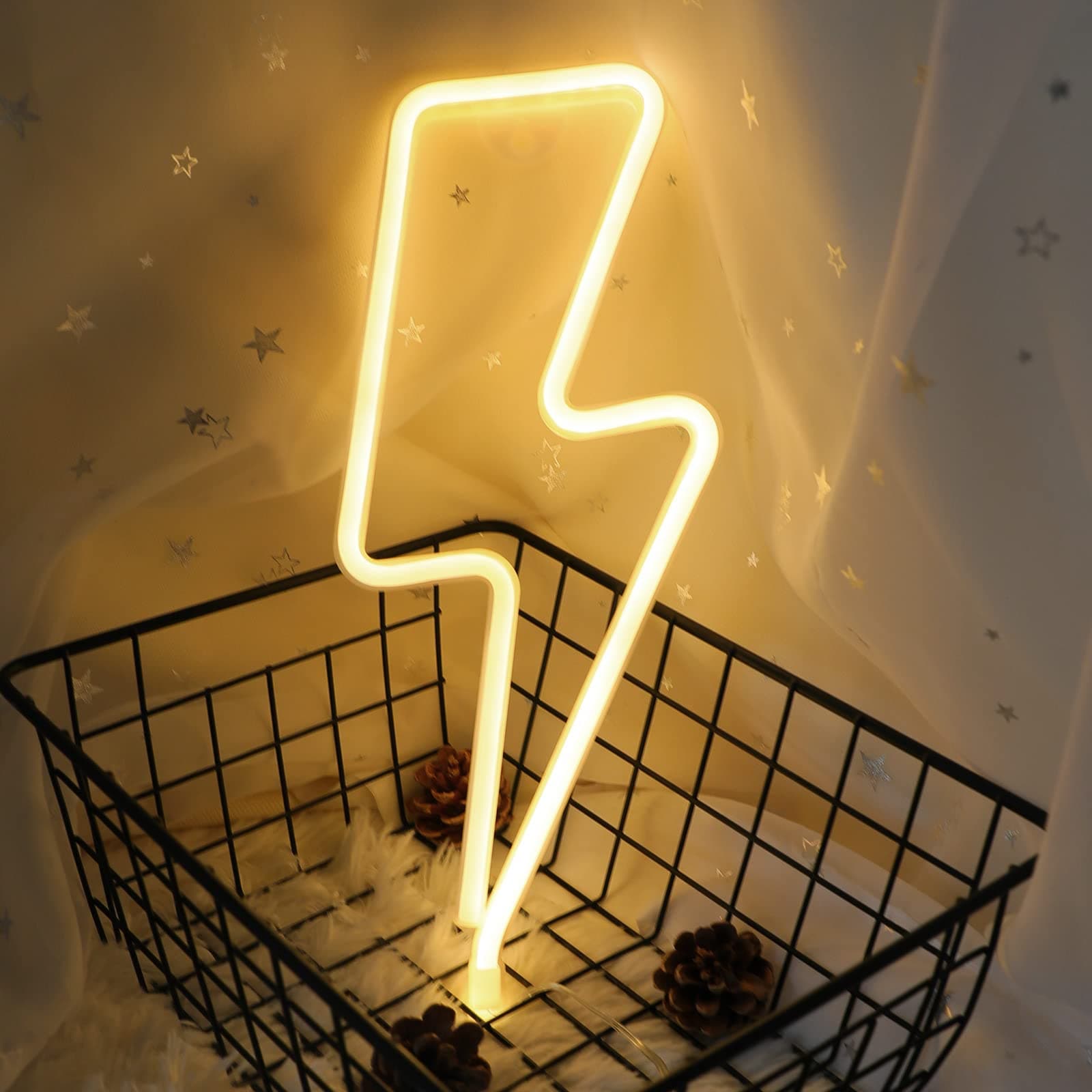 Neon Light Sign LED Lightning Shaped Night Light Wall Decor Light Operated by USB/Battery with Warm White Neon Light for Christmas Birthday Party Kids Room Living Room Wedding Party Decor