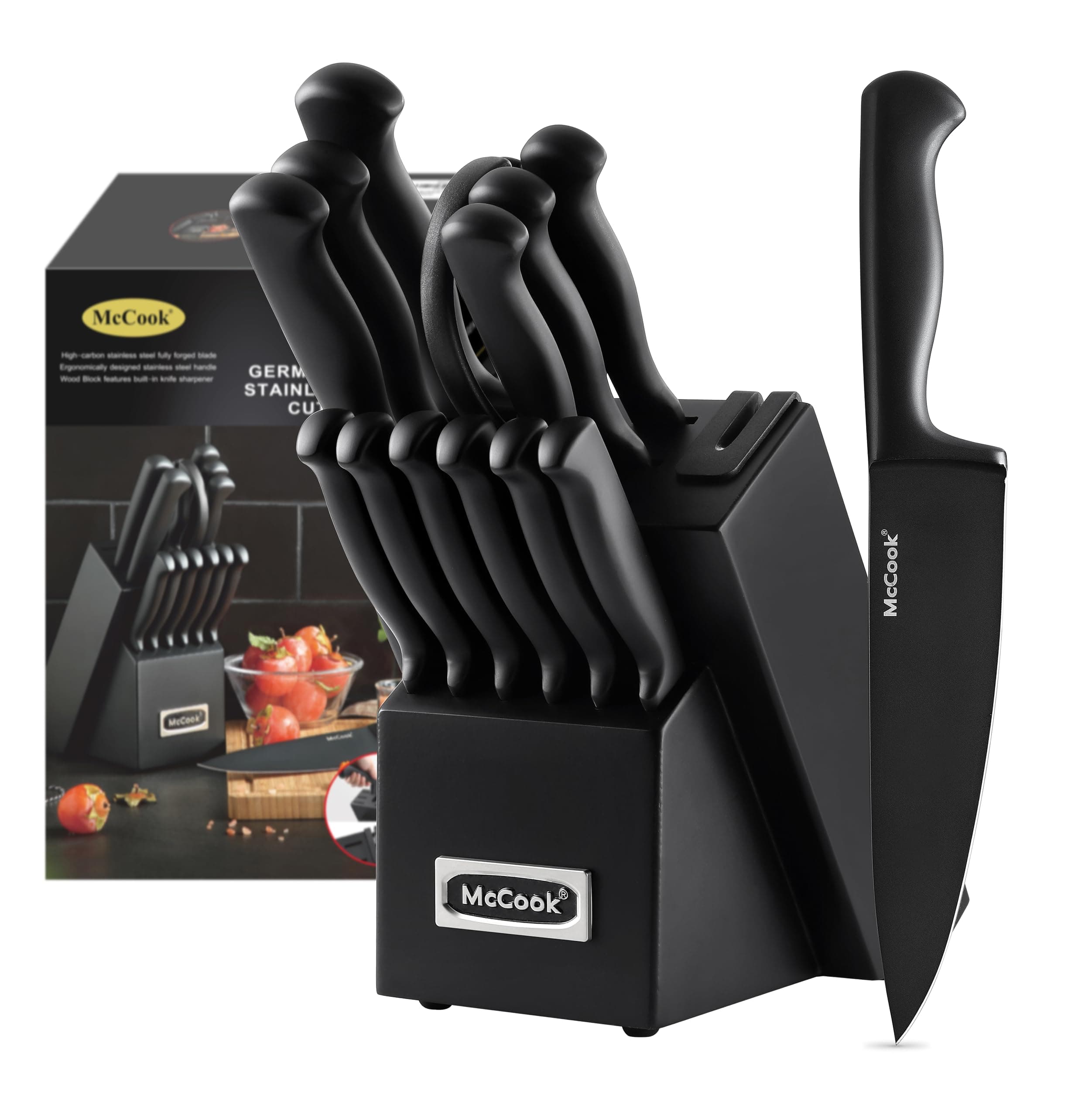 Knife Sets,German Stainless Steel Knife Block Sets with Built-in Sharpener, Black