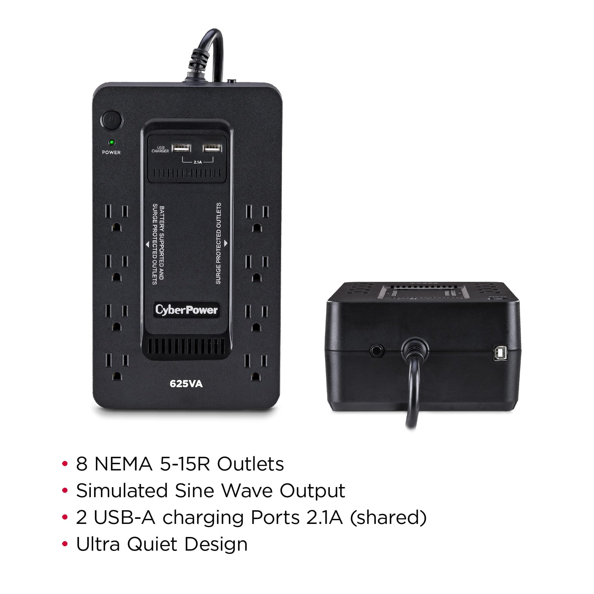 CyberPower ST625U Standby UPS System, 625VA/360W, 8 Outlets, 2 USB Charging Ports, Compact