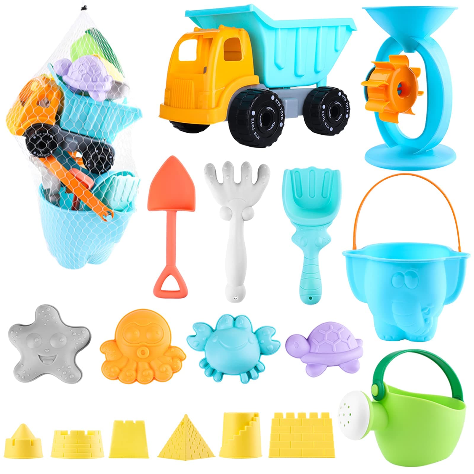 Balnore Kids Beach Toys,20 Pieces Sand Toys Set in Reusable Mesh Bag With Pail Car Animals Castle and Other Tools Kit Matching