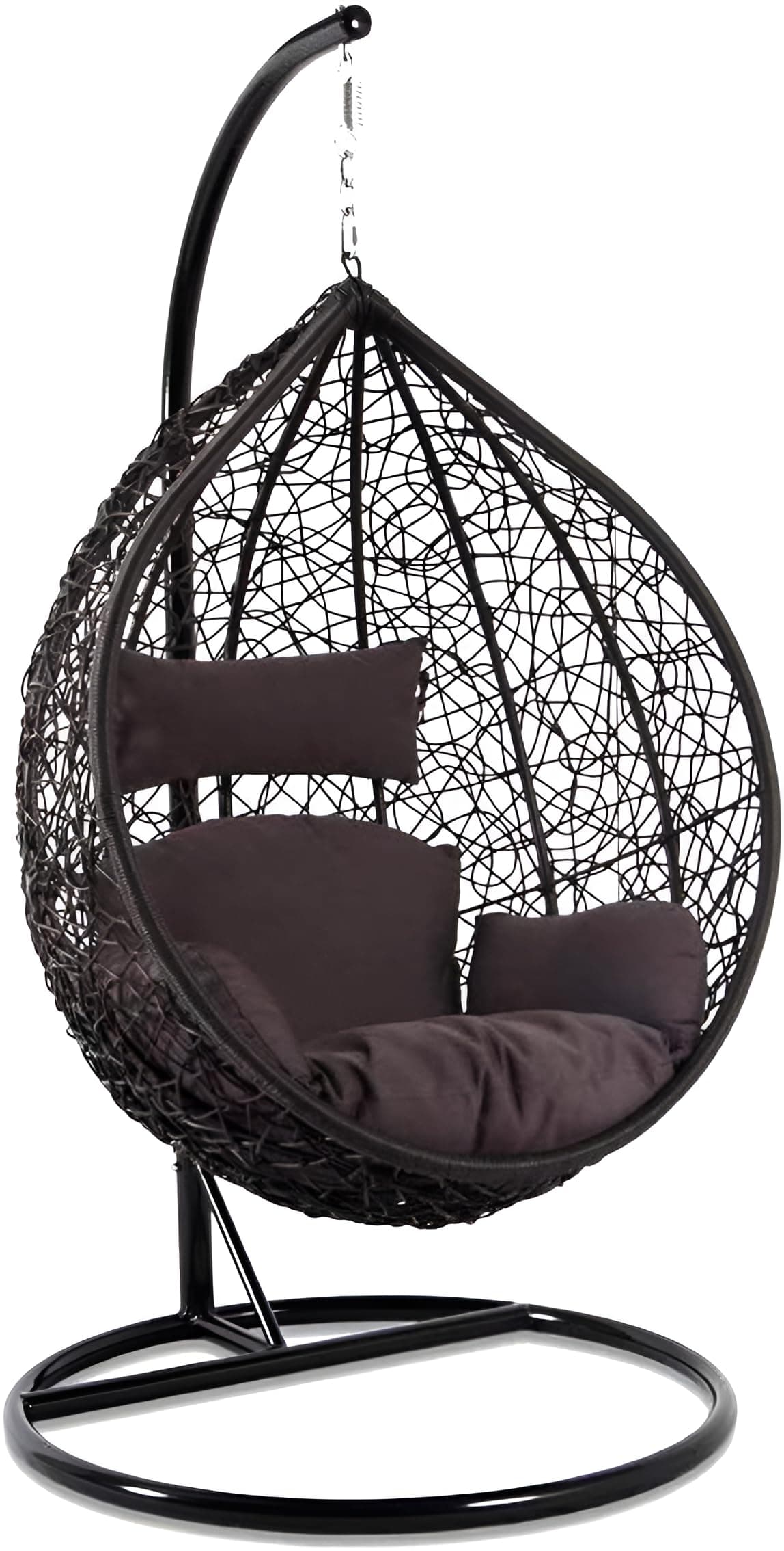 Hindoro Rattan Wicker Wrought Iron Single Seater Swing Chair with Stand & Cushion & Hook Outdoor || Indoor || Balcony || Garden || Patio || Living Outdoor Furniture (Black, Oval)