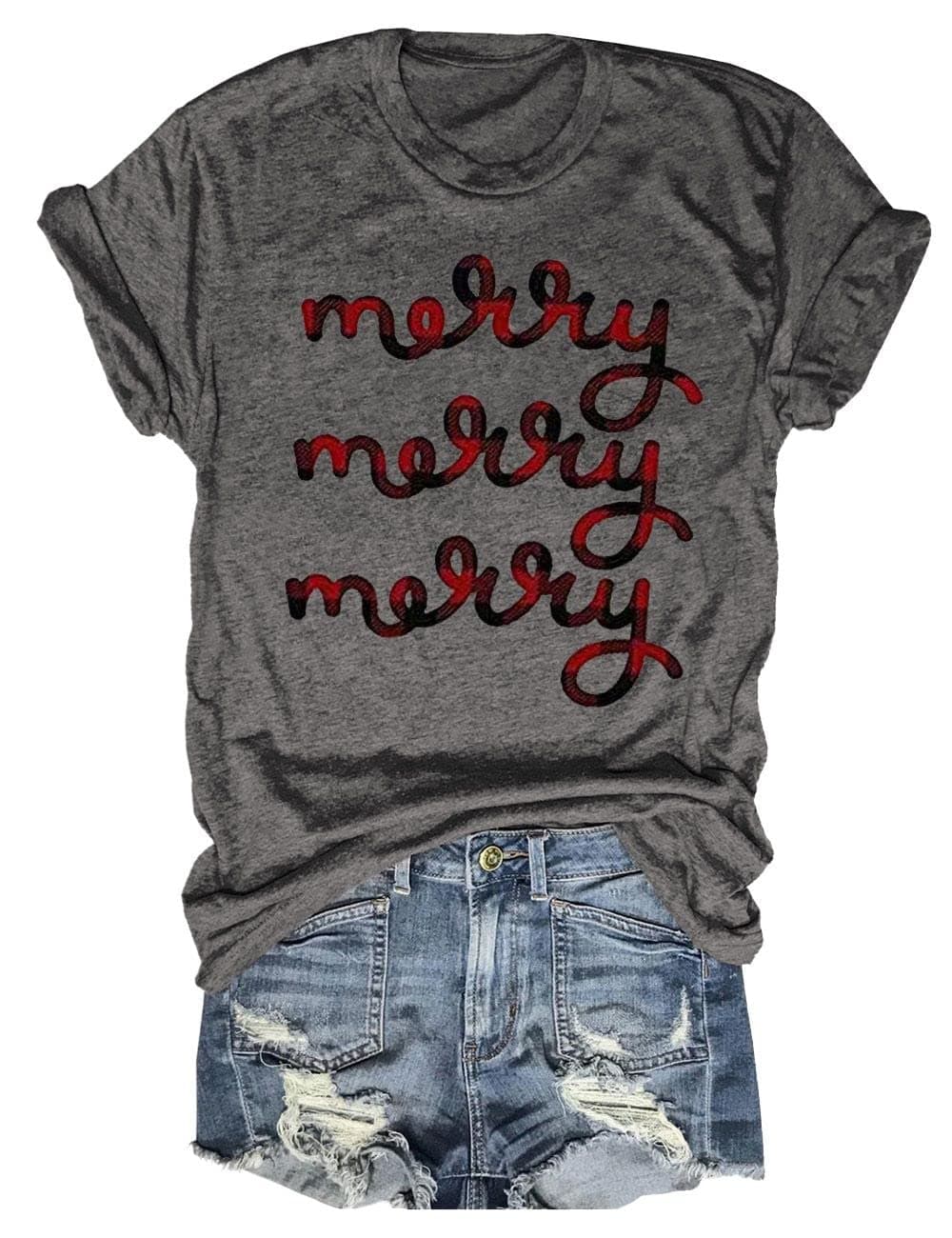 Women's Buffalo Plaid Tees Casual Short Sleeve Merry Letter Printed Graphic Blouse Tops