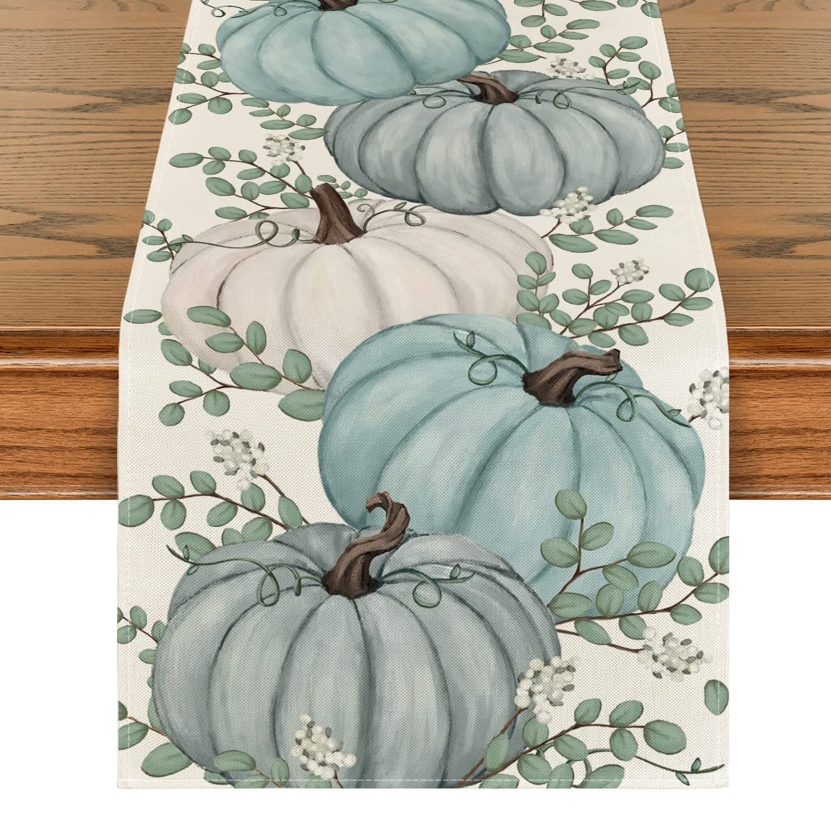 Pumpkins Eucalyptus Leaves Fall Table Runner, Autumn Thanksgiving Kitchen Dining Table Decoration for Home Party Decor 13x72 Inch