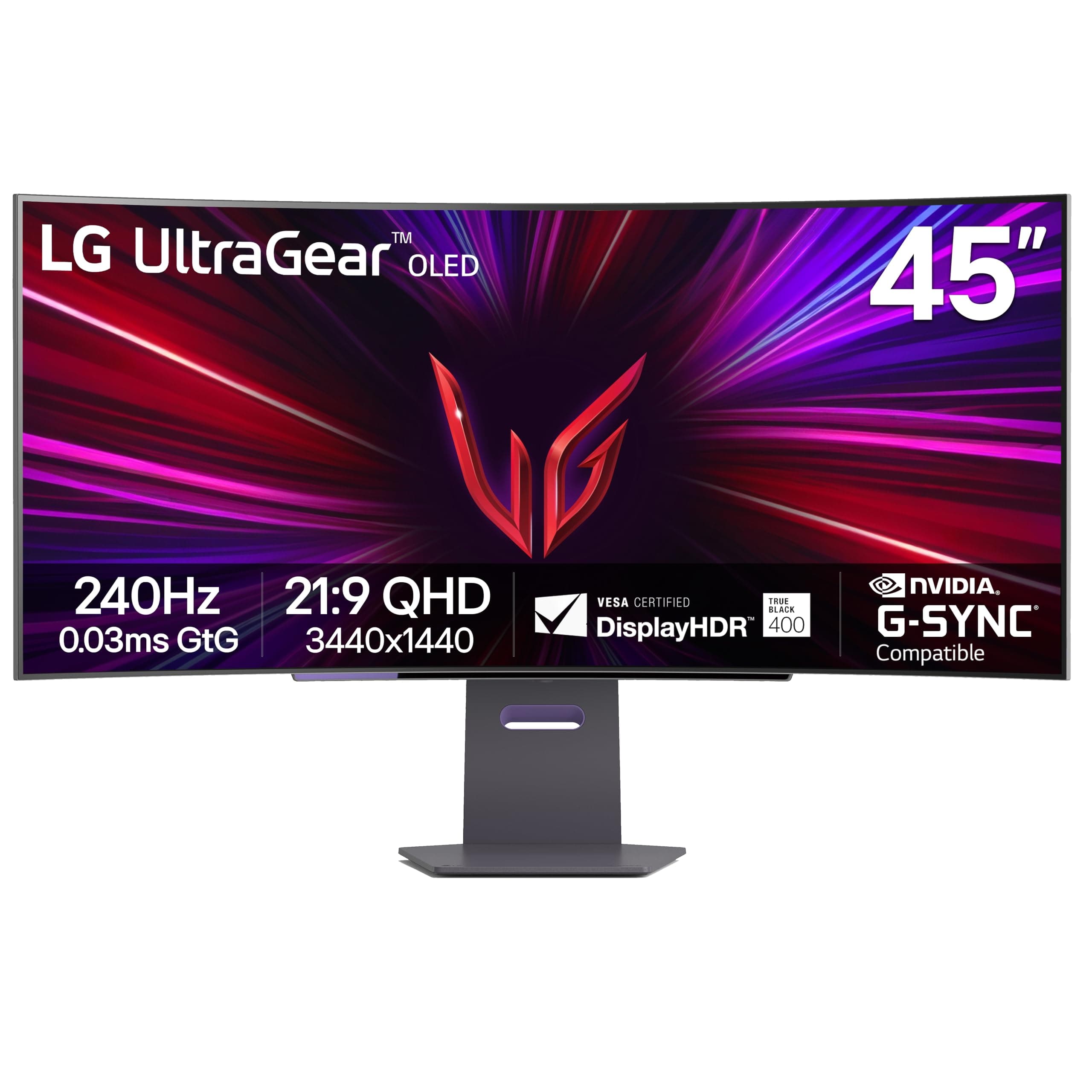 45GS95QE Ultragear OLED Curved Gaming Monitor 45-Inch WQHD 800R 240Hz 0.03ms DisplayHDR True Black 400 AMD FreeSync Premium Pro NVIDIA G-Sync HDMI 2.1 DisplayPort Tilt/Height/Swivel Stand - Black