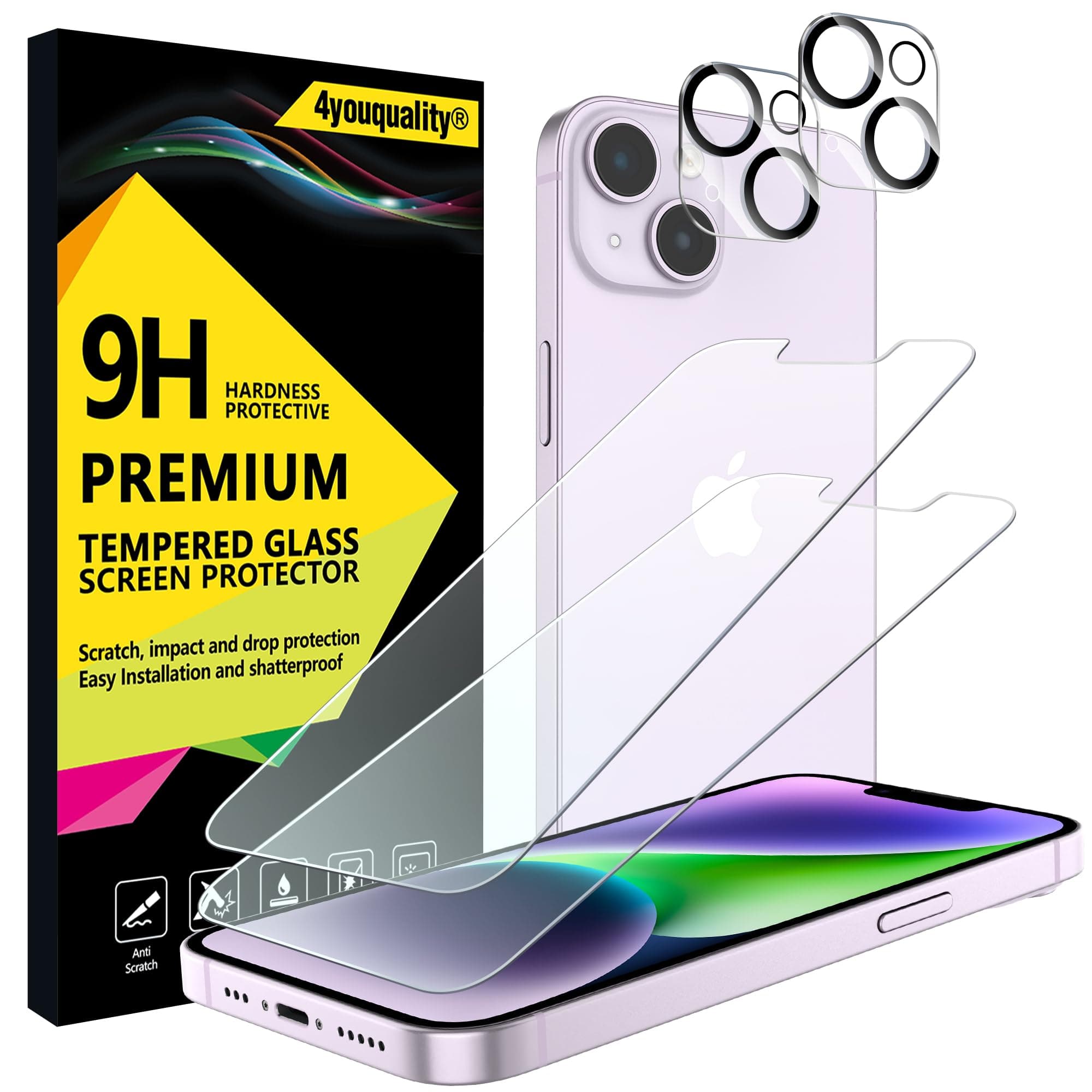4youquality [4-in-1 Screen Protector for iPhone 14 with Camera Lens Protector, Tempered Glass Film, 2-Pack Each, [LifetimeSupport][Impact-Resistant][Anti-Scratch][Ultra-Transparent]