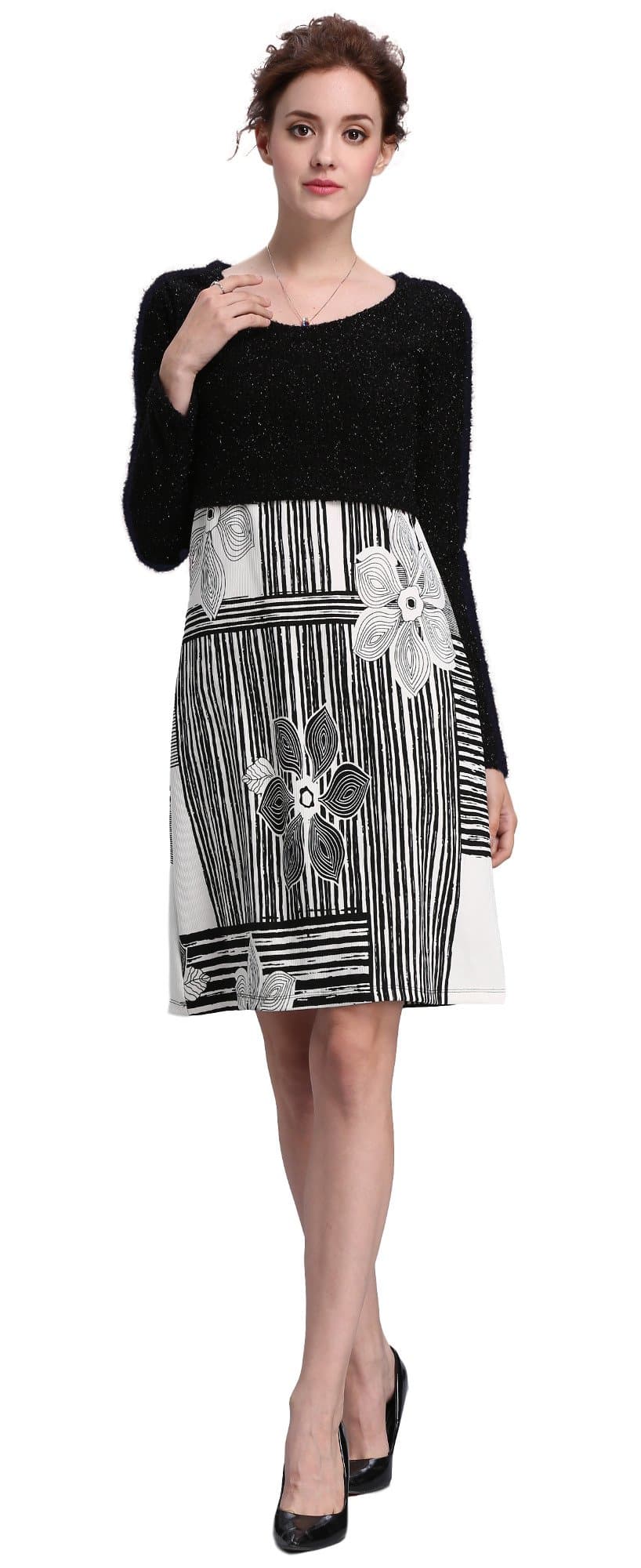 Women's 2 Piece Nursing Dress with Sweater Top (Medium, Black Floral)