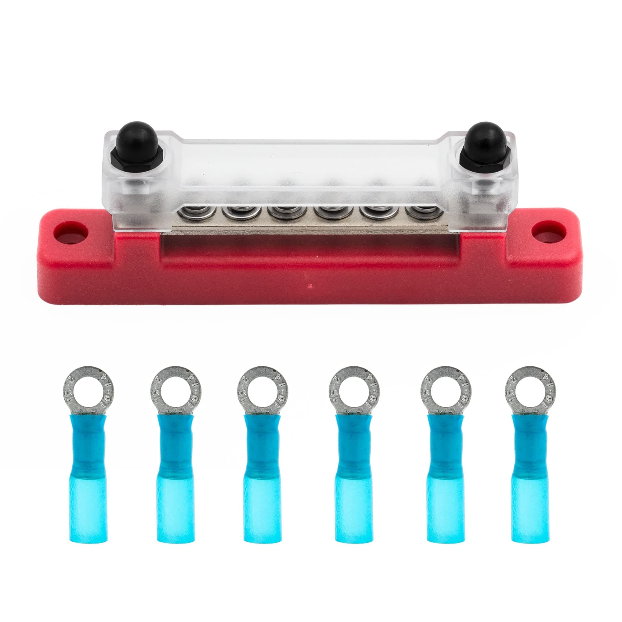 Rebuild Skills 6 Terminal Bus Bar Kit - 150A Bus Bar Block with Cover & Heat Shrink Terminals; Ground Distribution, Power Distribution Terminal Block for Automotive and Marine (Red)
