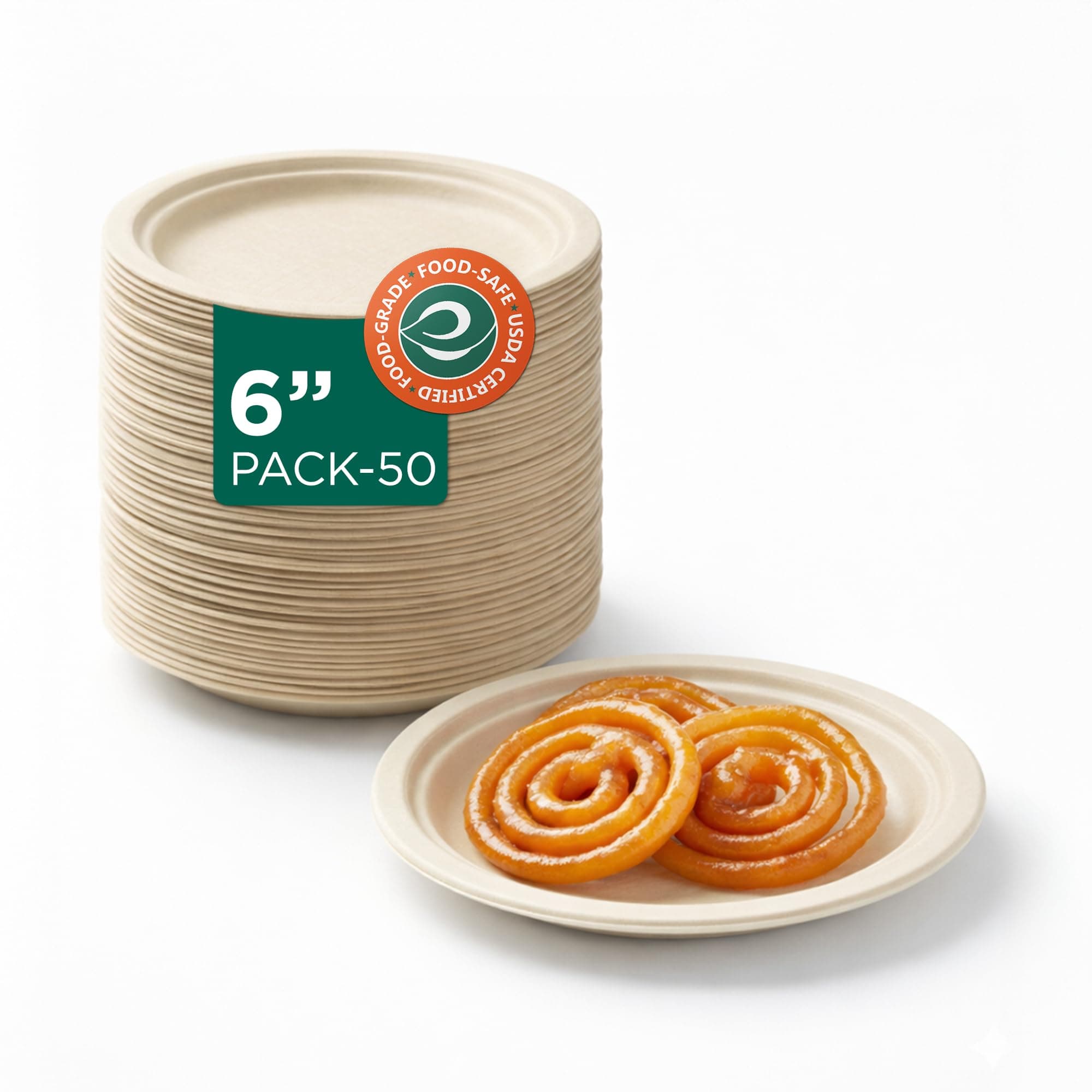 ECO SOUL [6 inch, 50 Pack Disposable Bagasse Plates | Eco-Friendly, Biodegradable, Sugarcane Paper Plates | for Serving Snacks | Birthday, Wedding & Party | Round, Beige (15 cm)