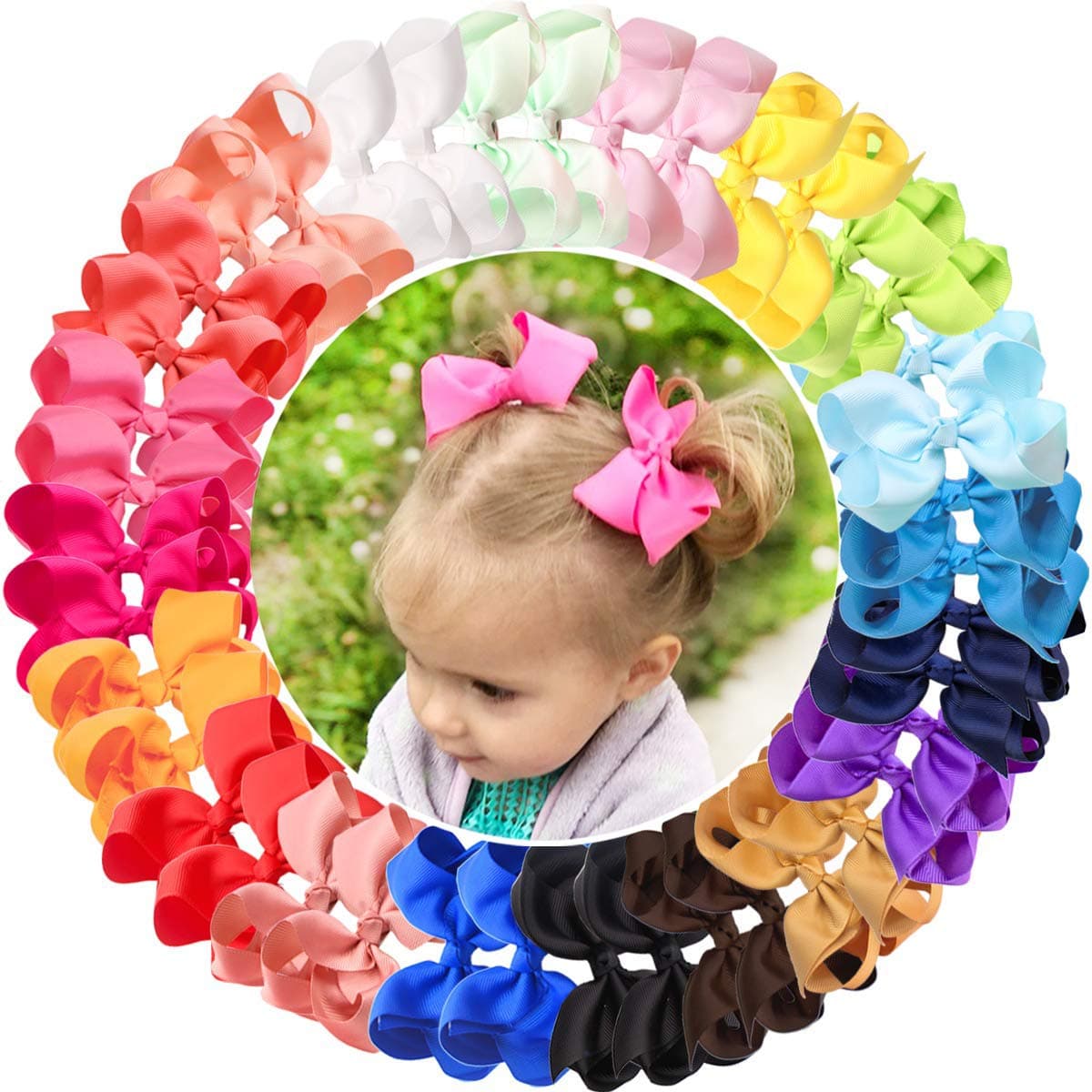 JOYOYO 40 Pcs Girls Hair Bows Craft Ribbon Bows for Girls - Medium Size Bright Colors 4.5 Inch Hair Bow Clips for Toddlers, Little Girl