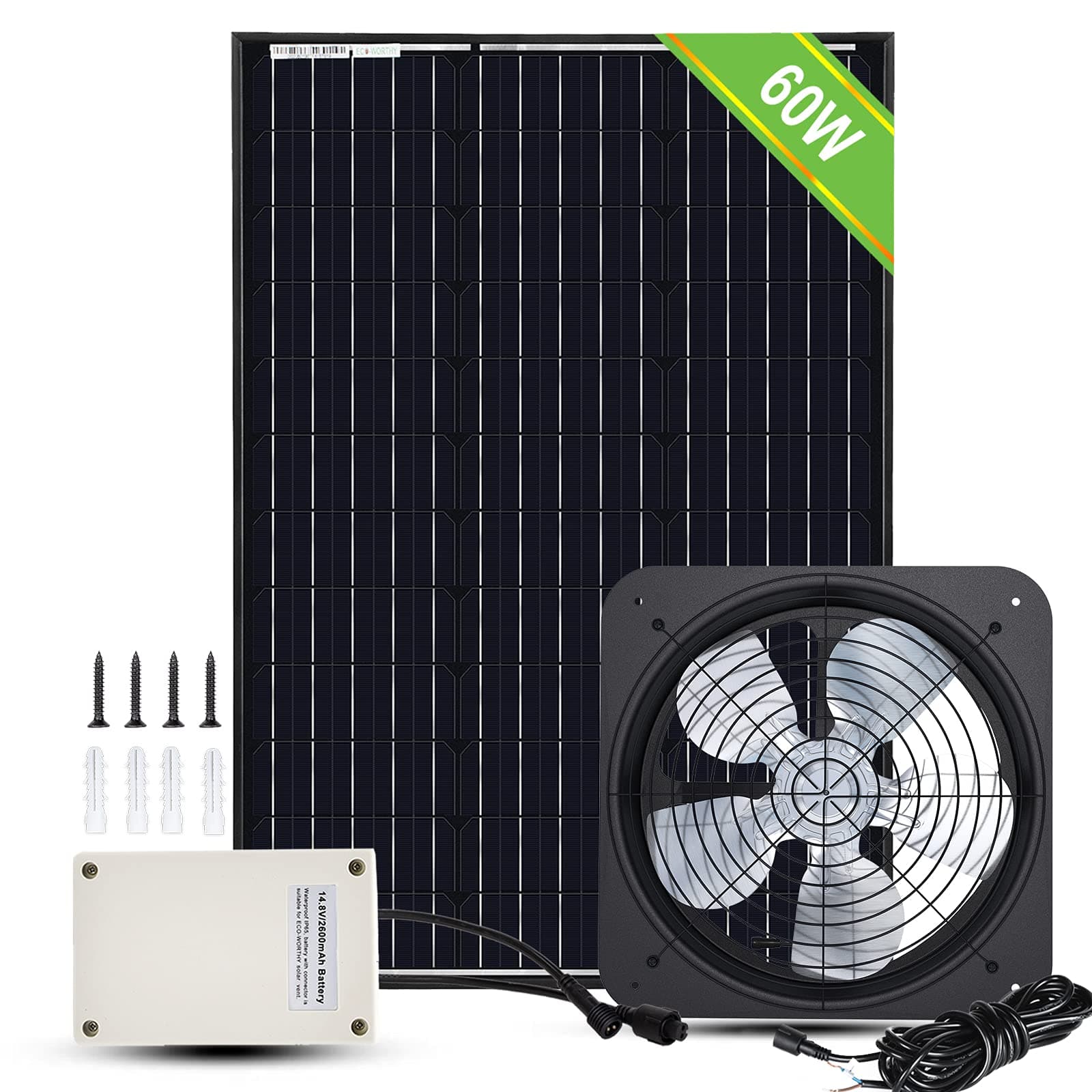 60-Watt Solar Attic Gable Fan Kit, Powerful 14" Fan Housing and 60W Solar Panel, Solar Attic Fan Cools, Ventilates Cool Your House, Garage or Chicken Coop