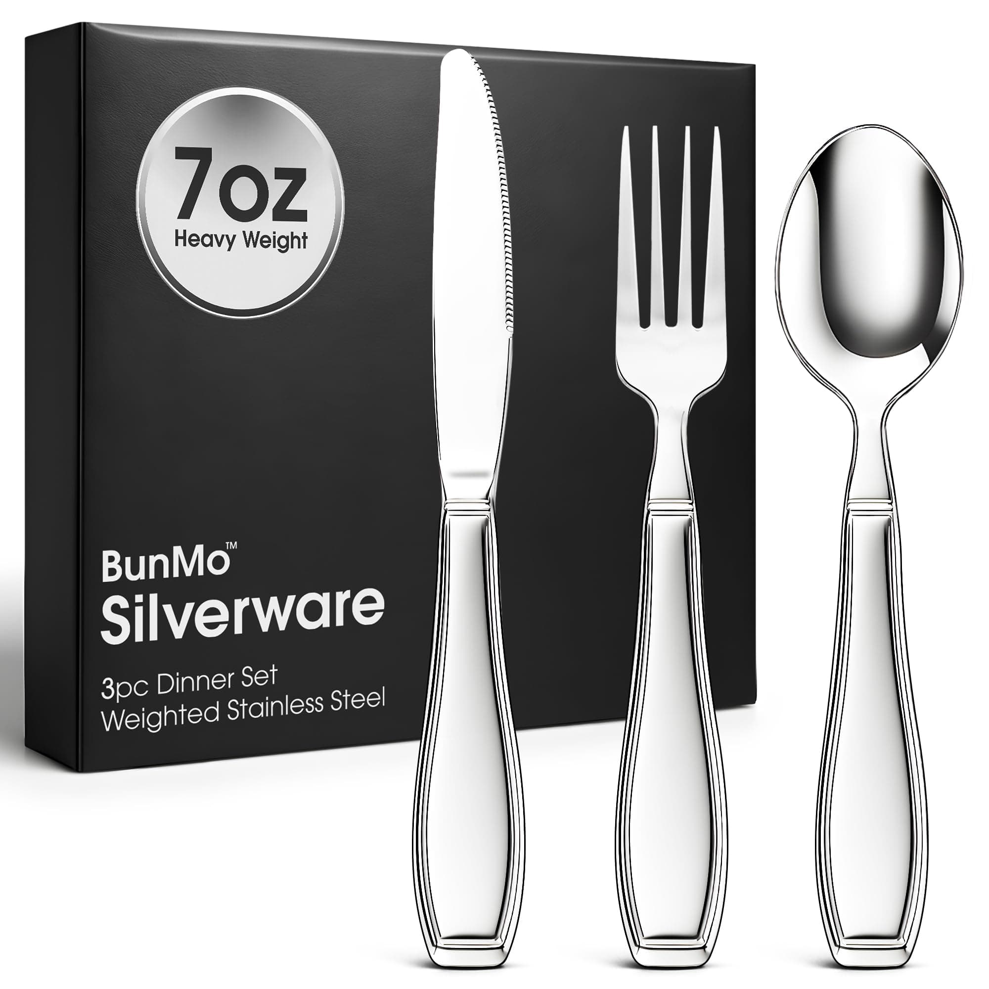 BUNMO Weighted Utensils for Hand Tremors - Elderly, Weak Hand Grip & Handicapped - Stainless Steel - Eat Independently - Weighted 3 Piece Set