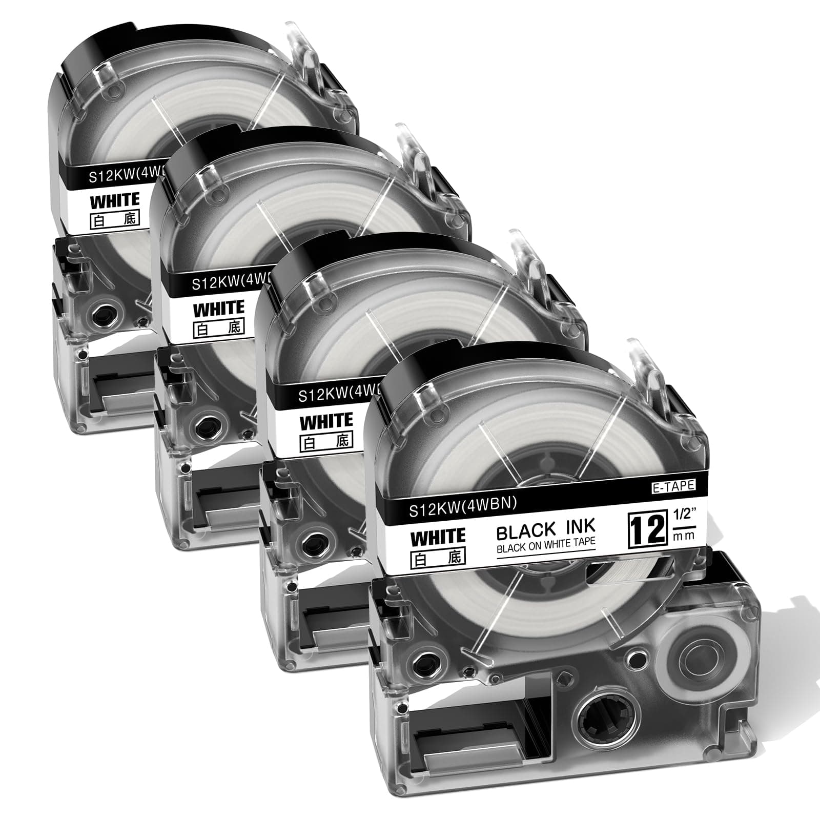 Replace for Epson LW-300 Label Tape, LC-4WBN, LK-4WBN, SS12KW Tape Refill, Black on White 1/2" x 26', for Use with Epson LabelWorks LW-300 LW-400 LW-600P LW-700 LW-PX300 LW-PX400 Label Makers, 4-Pack