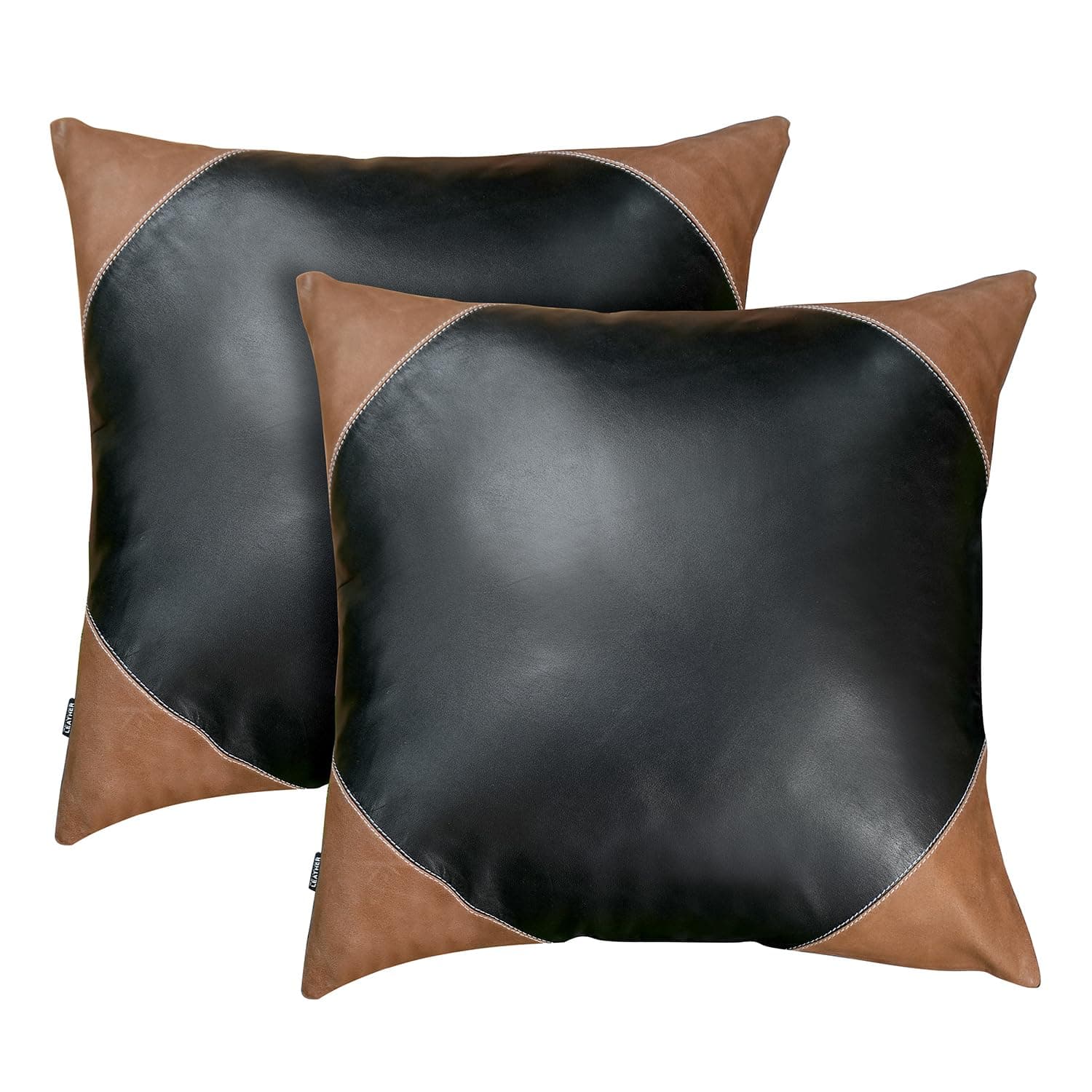 TOMJACK Lambskin Leather Pillow Cover - Decorative Sofa Cushion Case - Throw Covers for Living Room & Bedroom, 20" x 20" - Two Toned Black and Brown Pack of 2
