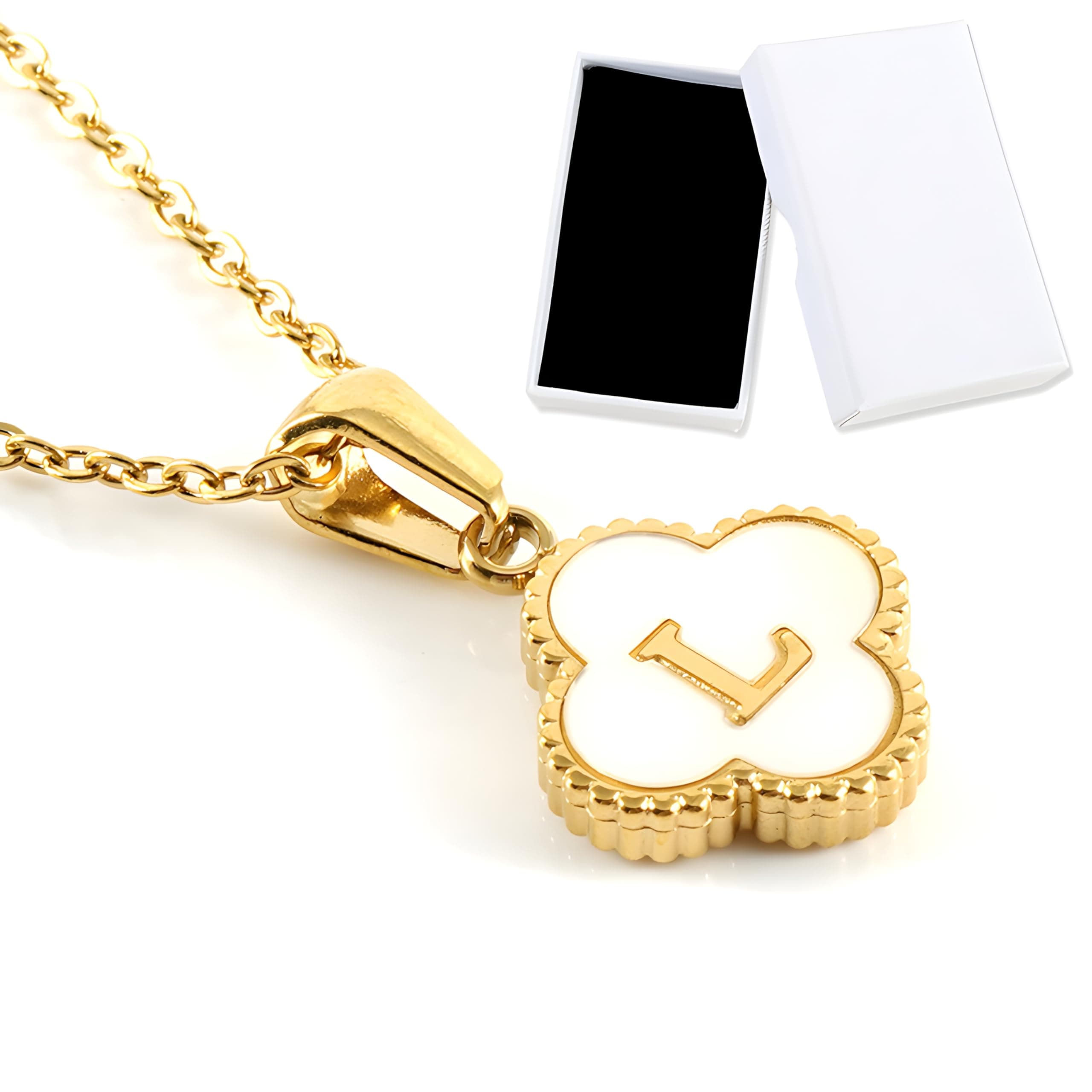 UOUOnly Beth Dainty Four Leaf Clover Initial Necklace for Women • Tiny Titanium Steel Lucky Four-Leaf Clover Pendant Gold Letter Necklace• Name Choker Necklace Trendy Gold plated Jewelry Women Gifts [L]