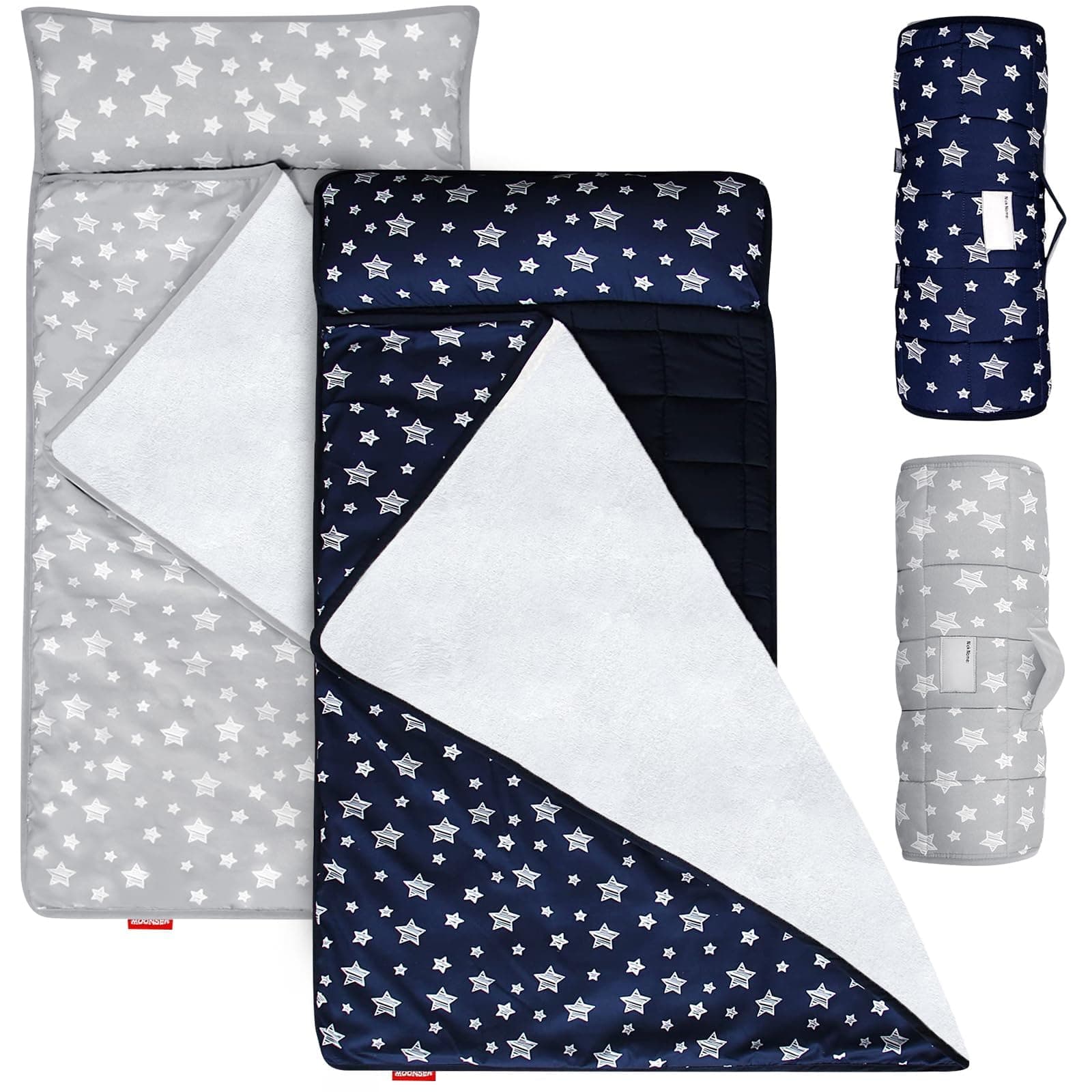 Toddler Nap Mat 2 Pack, Nap Mat for Kids Preschool, Daycare and Fleece Minky Blanket, Lightweight, Soft, Gray and Navy