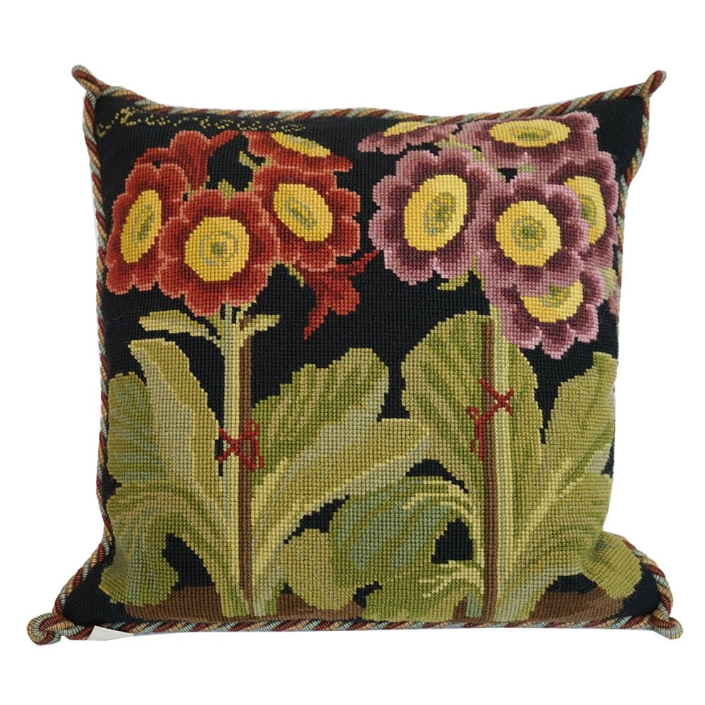 Auricula Needlepoint Kit by Elizabeth Bradley. A Premium English Needlepoint Pillow Project on a Black Background with 100% Wool Yarns.Botanical Garden Collection.