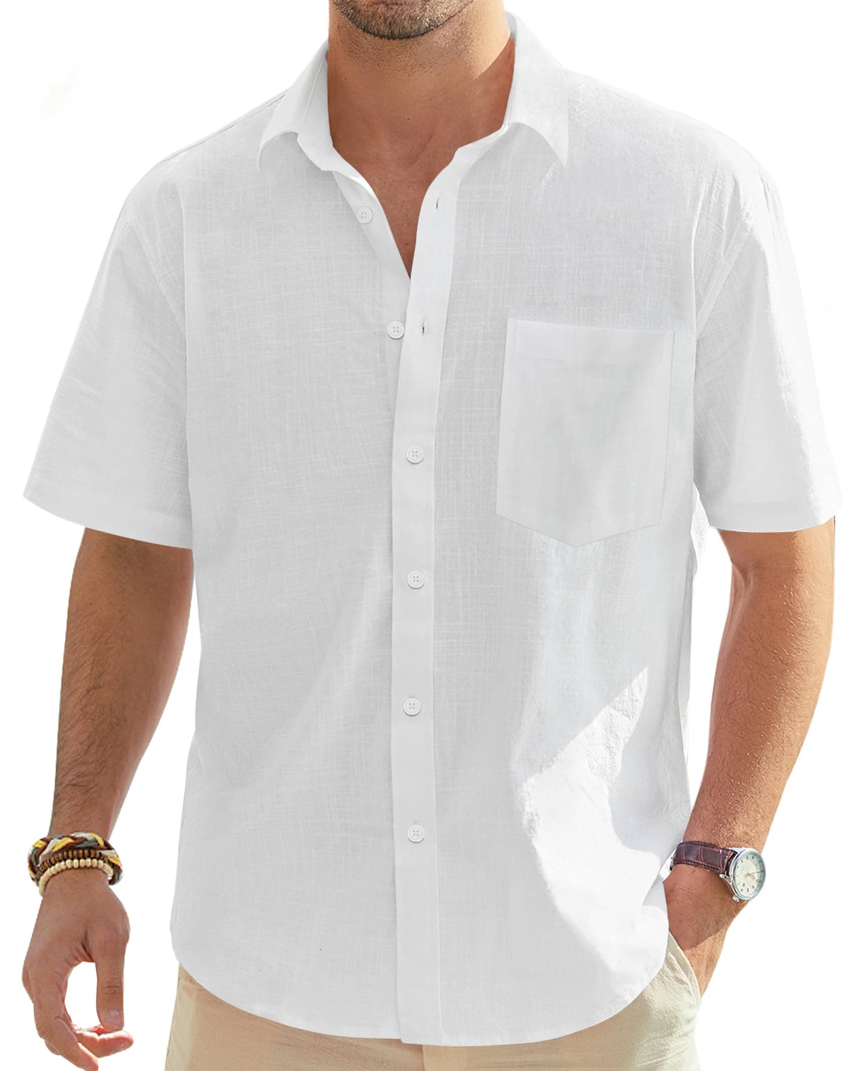 Men's Linen Short Sleeve Shirts Cotton Casual Lightweight Button Down Shirt Beach Vacation Summer Tops with Pocket