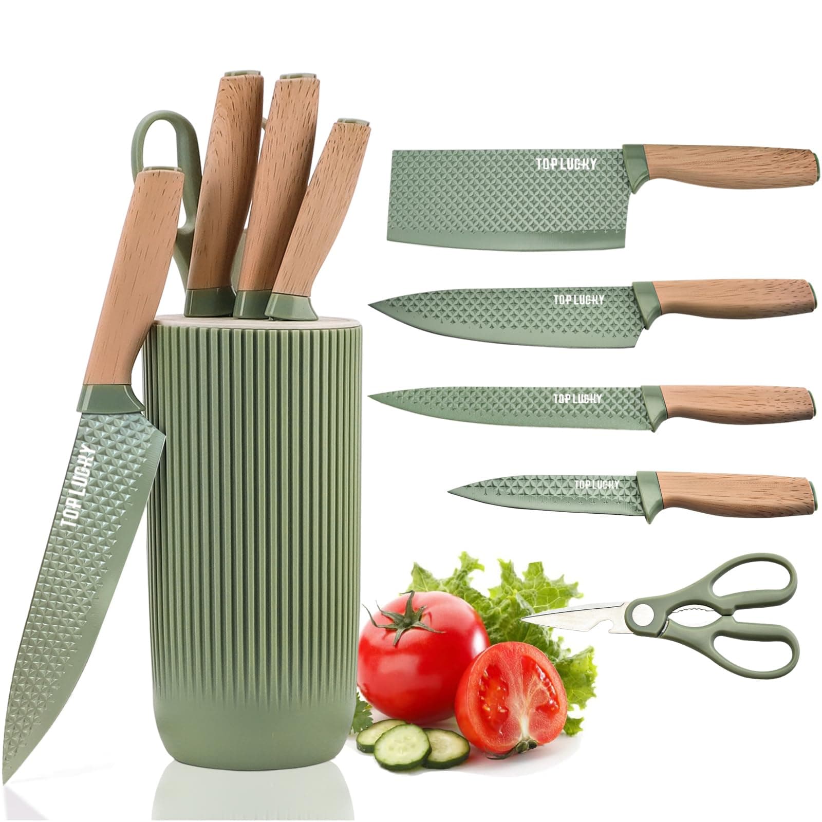Pink Knife Set, 6 Pieces Professional Kitchen Knife Set with Universal Knife Block, Super Sharp Knife Set with Ergonomic Handle Non-stick Stainless Steel Knife Block Set (Green)