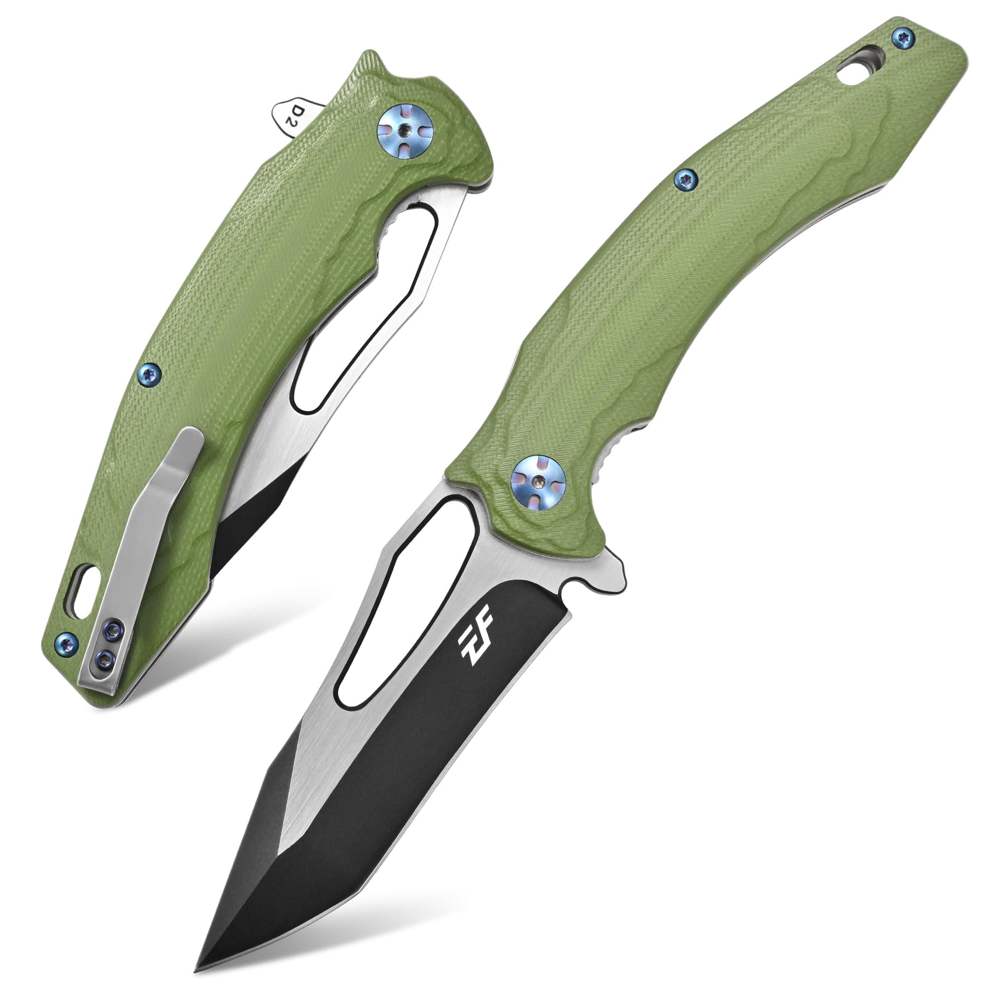 Eafengrow EF915 Folding Knife D2 Steel Blade with Black-Oxide Coating; G10 Handle with Ball Bearing Safe Open Flipper Knife, Locking Liner and Pocketclip for Camping Work (Green)