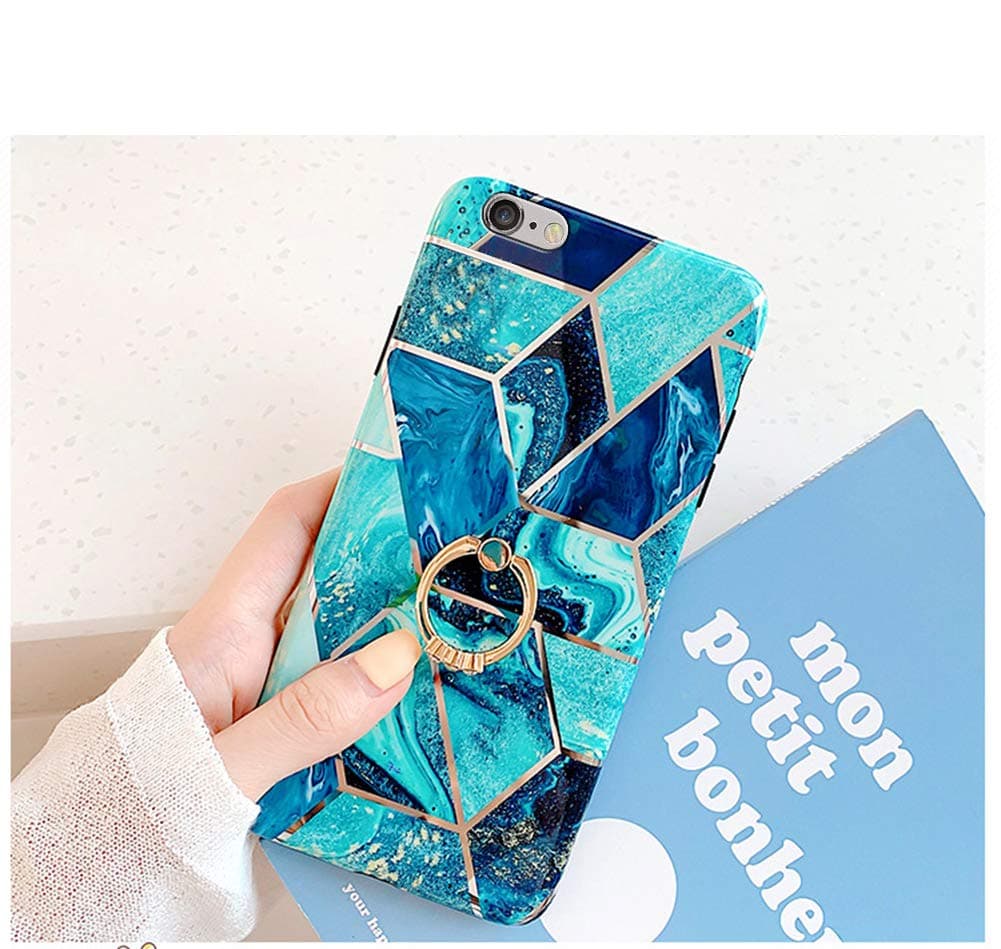 Case for iPhone 6S Plus/6 Plus Marble Case,Girls Women Polished Plating Mosaic Marble Flexible Soft Rubber Gel TPU Case Cover & Bling Diamond Ring Stand for iPhone 6S Plus/6 Plus Silicone Case,Blue