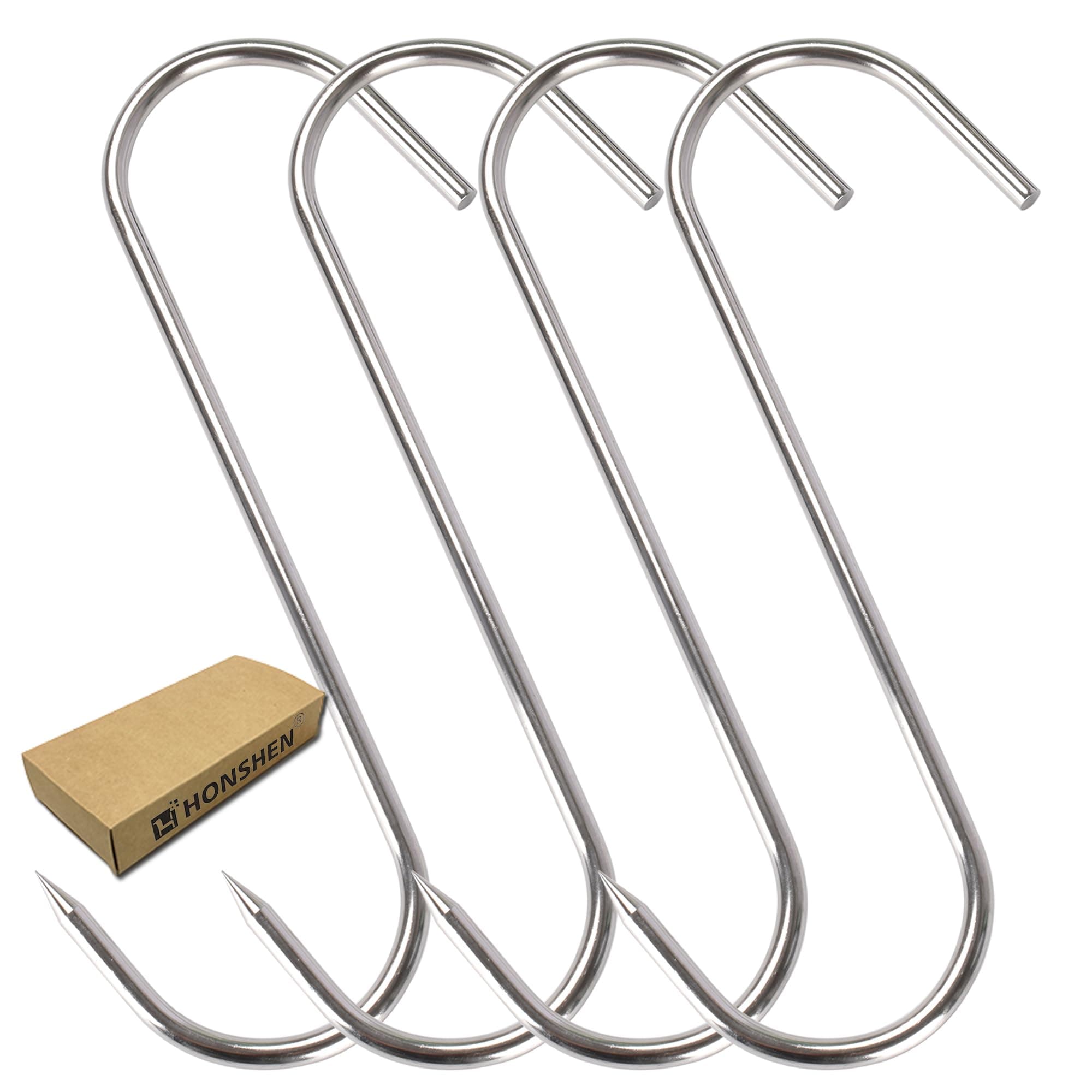 8 Inch Meat Hook S-Hooks HONSHEN Stainless Steel Meat Hooks for Hanging Processing Butcher Hook 4Pack (Meat Hooks 6mm 8inch)