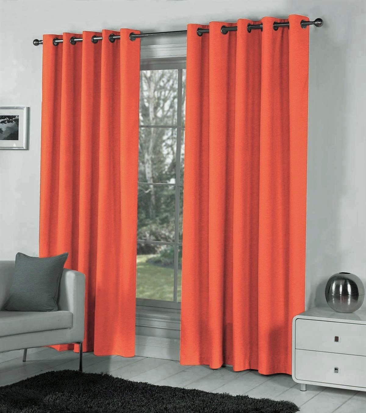 Curtains and Voiles Pair Of Plain BRIGHT ORANGE Eyelet Ring Top BLACKOUT DIMOUT 55" wide x 72" drop