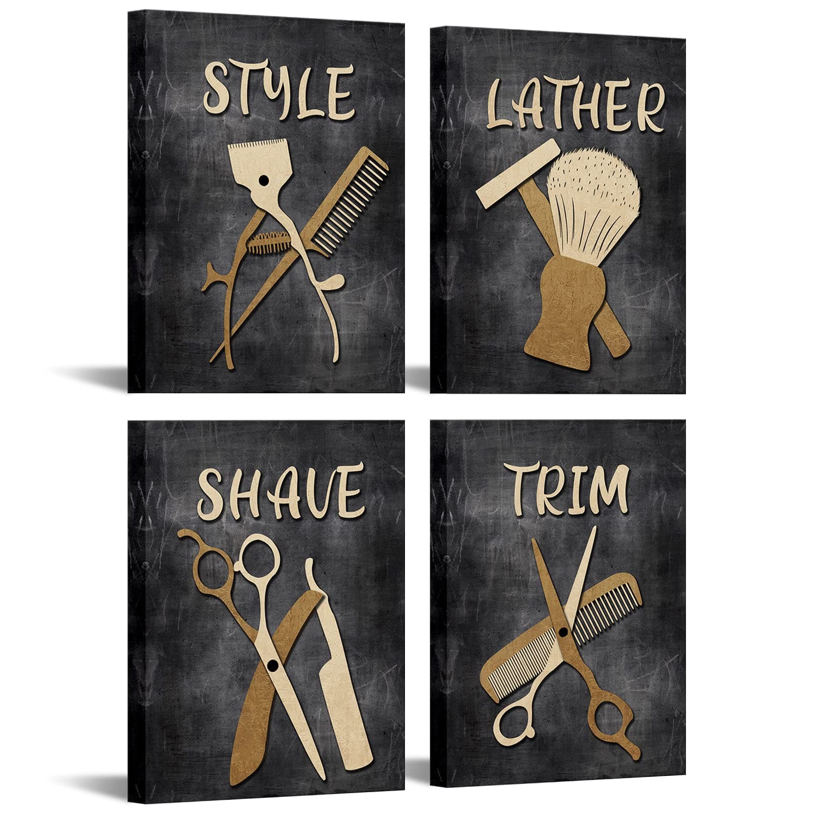 Biuteawal Vintage Barbershop Theme Wall Art Fashion Painting Lather Shave Trim Style Print on Canvas Stylish Mens Wall Decor 4 Panel Vintage Artwork Set Hair Salon Home Men Bedroom Bathroom Wall Decor