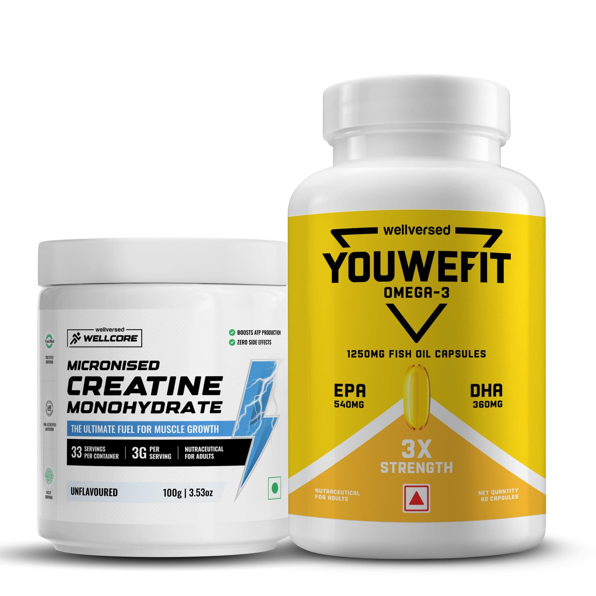 Wellcore Creatine with Omega 3 Capsules Triple Strength (Creatine 100g Unflavoured & 60 Capsules Omega) | 1250mg Triple Strength | EPA + DHA | Enhanced Muscle Strength |
