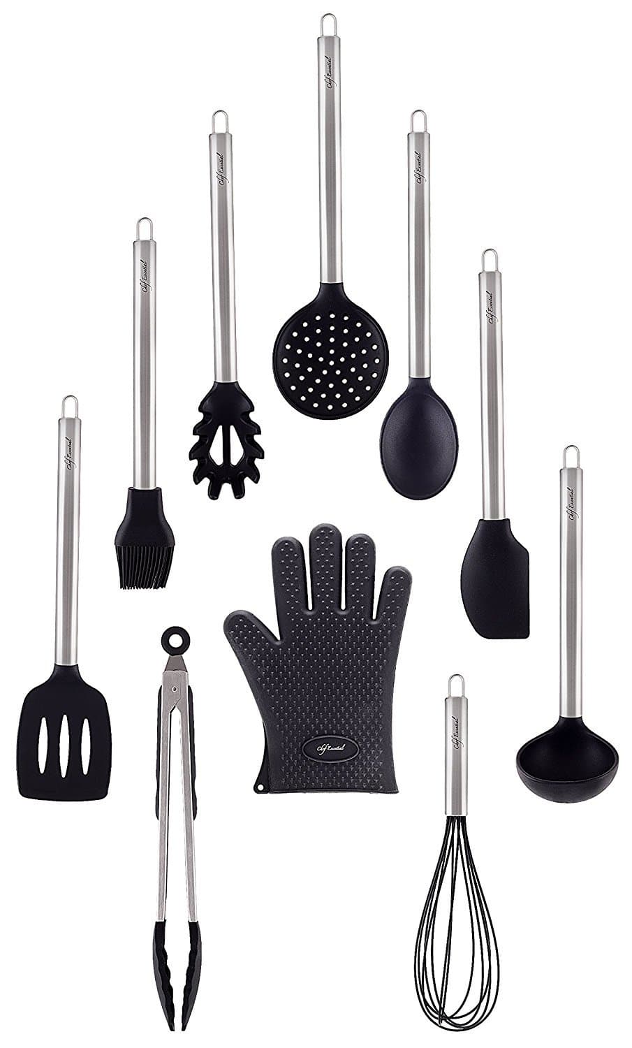 10 Piece Silicone Cooking Utensils Set with Stainless Steel handles By Chef Essential