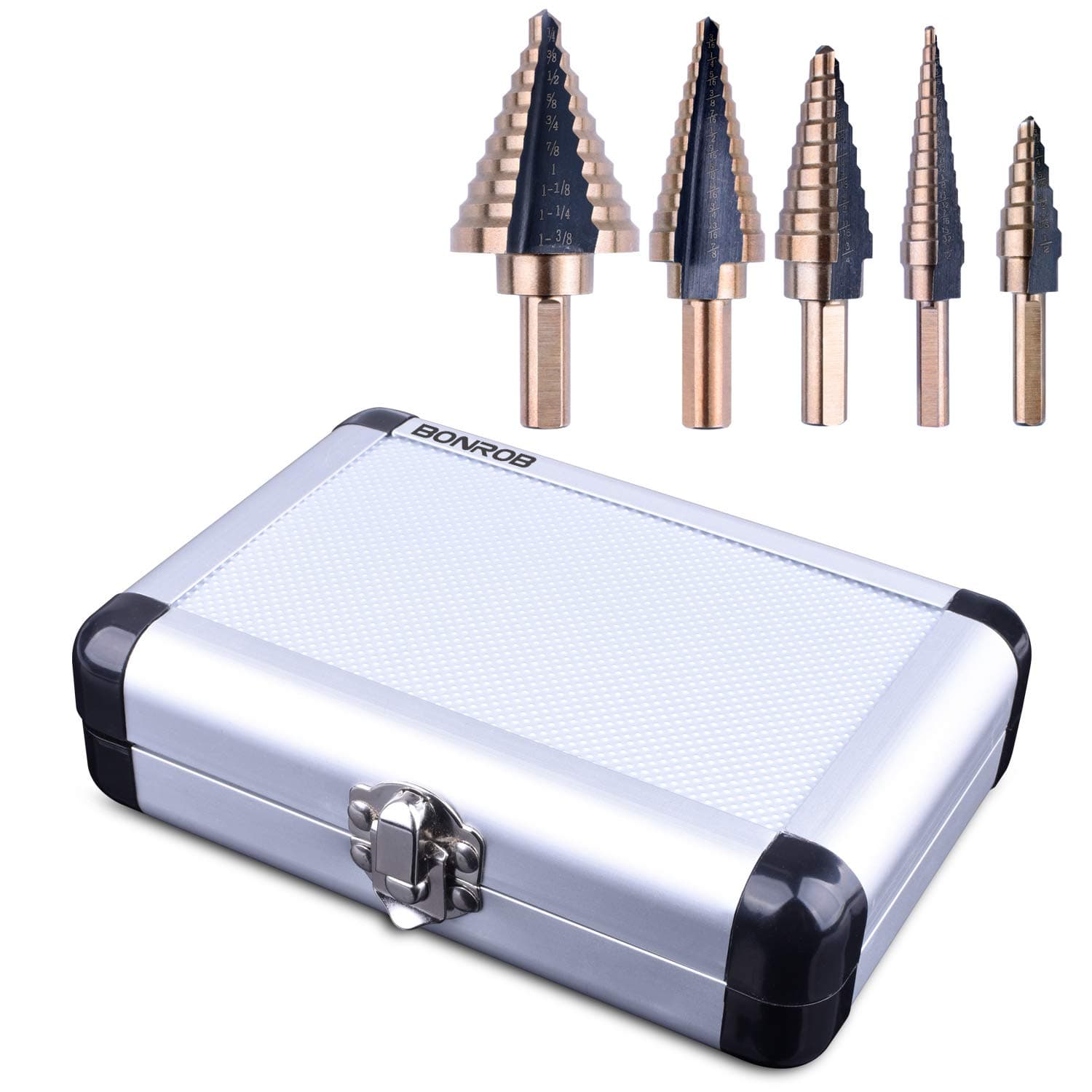 5PCS HSS Cobalt Titanium Step Drill Bit Set Tools, High Speed Steel Total 50 Sizes with Aluminum Case