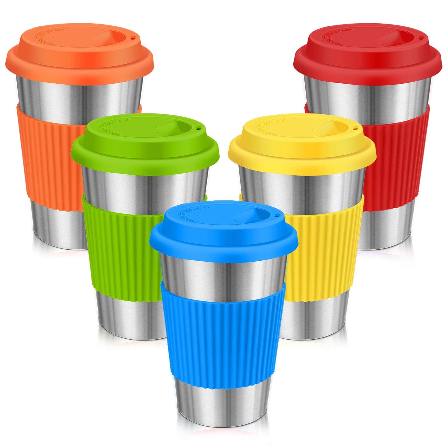 Stainless Steel Cups, Spnavy 16 OZ Stackable Pint Cup Tumbler with Silicone Lids Sleeves for Adults Kids Toddlers Metal Drinking Glasses for Pubs, Bars, Travel, Camping, Home and Outdoor Use, 5 Pack