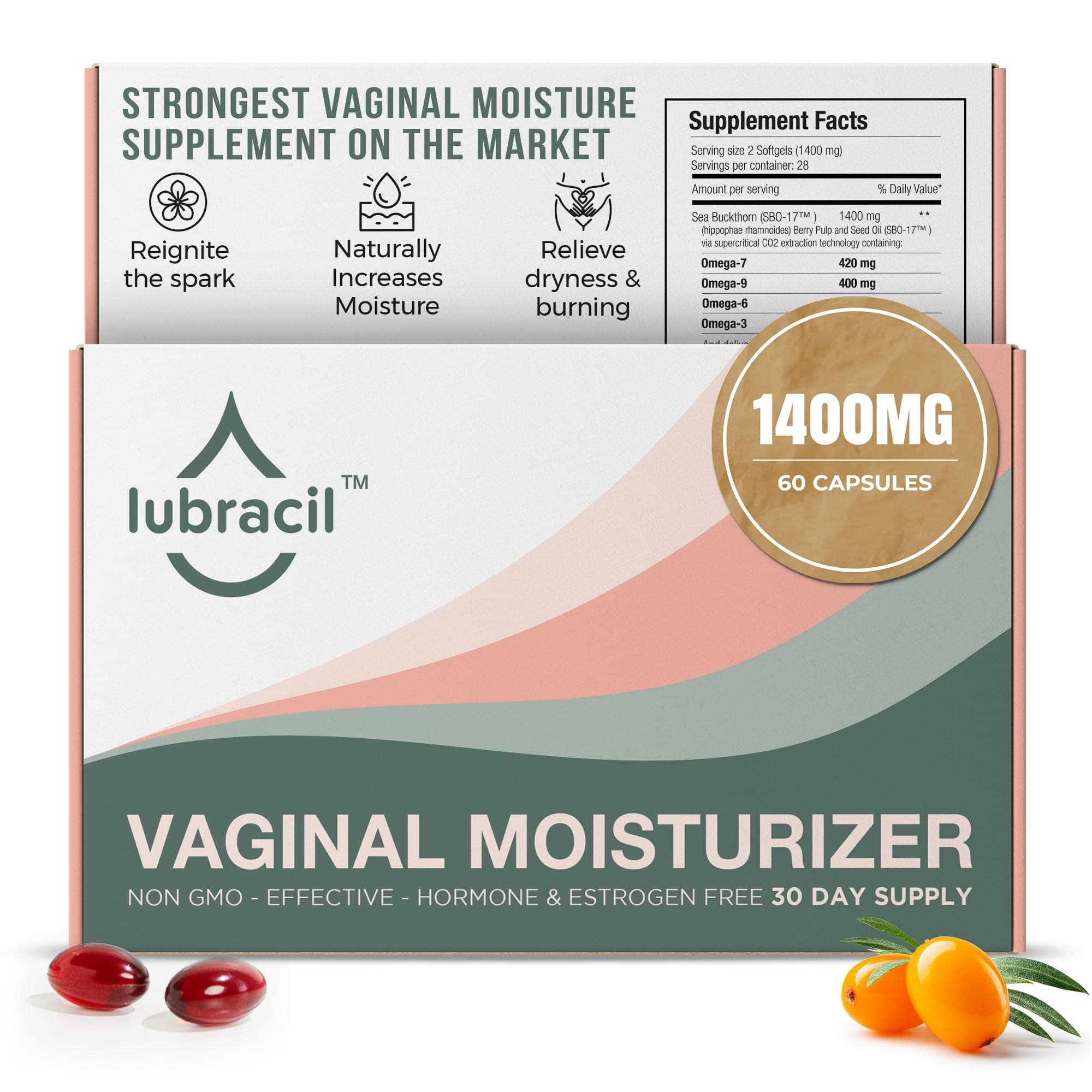Lubracil Vaginal Moisturizer Pills for Dryness and Moisture – Sea Buckthorn Oil, Omegas 6, 7, & 9, Vitamins A & E – Nourishes Vaginal Wetness & Hydration for All Women – 60 Wet Pills, 1 Pack