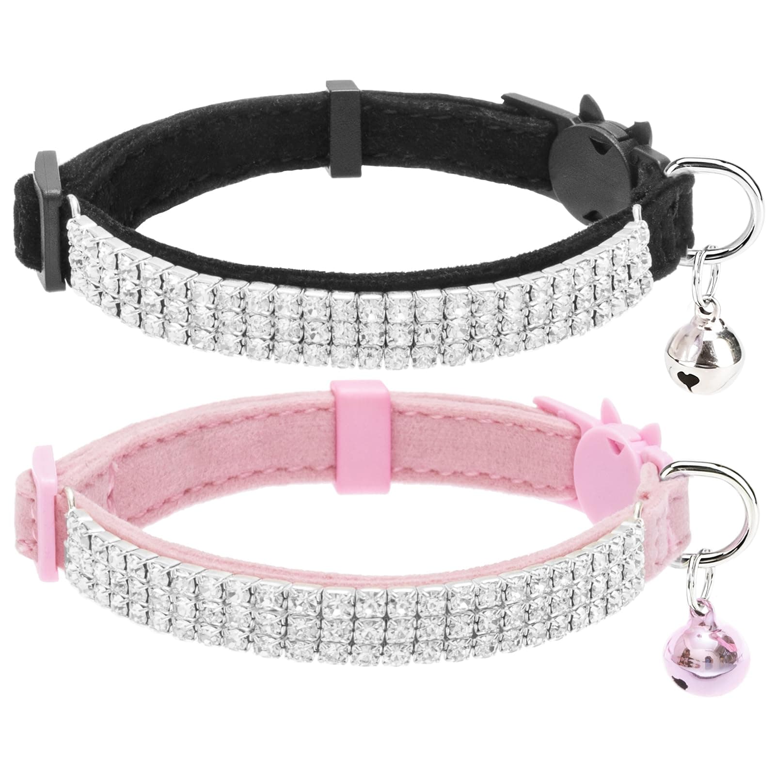 EXPAWLORER Soft Velvet Safe Cat Collars for Girl Cats -2 Pack Rhinestones Bling Diamante Adjustable Collars Breakaway- Chirstmas Cat Clollar Gifts with Bells for Boy Cats Kitty and Small Dogs
