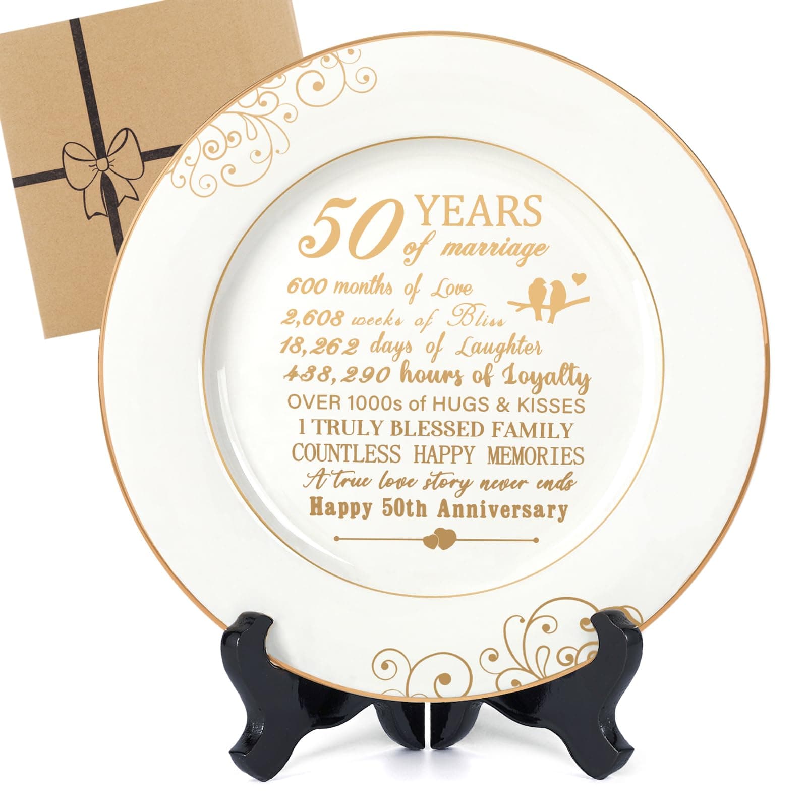 50th Anniversary Plate with 24k Gold Foil - 50 Year Anniversary Wedding Gifts for Couples Parents, Happy Marriage Decorations for Him Her, Ceramic 9"
