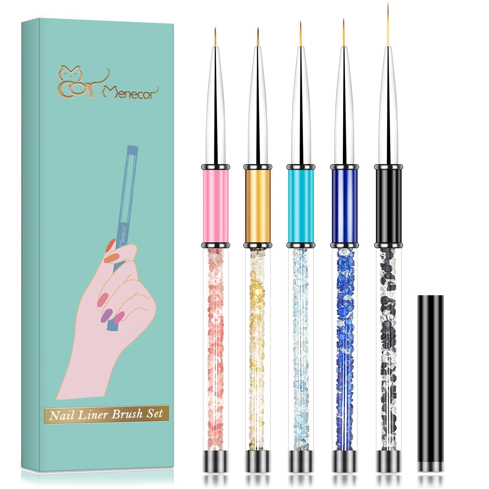 5 Pcs Nail Art Liner Brushes Set,Brush Nail Design Drawing Pen Ultra Fine Tip(5/7/9/10/17mm) with Acrylic Rhinestone Handle,3D Painting Decorative Nail Tools for Home DIY and Salon