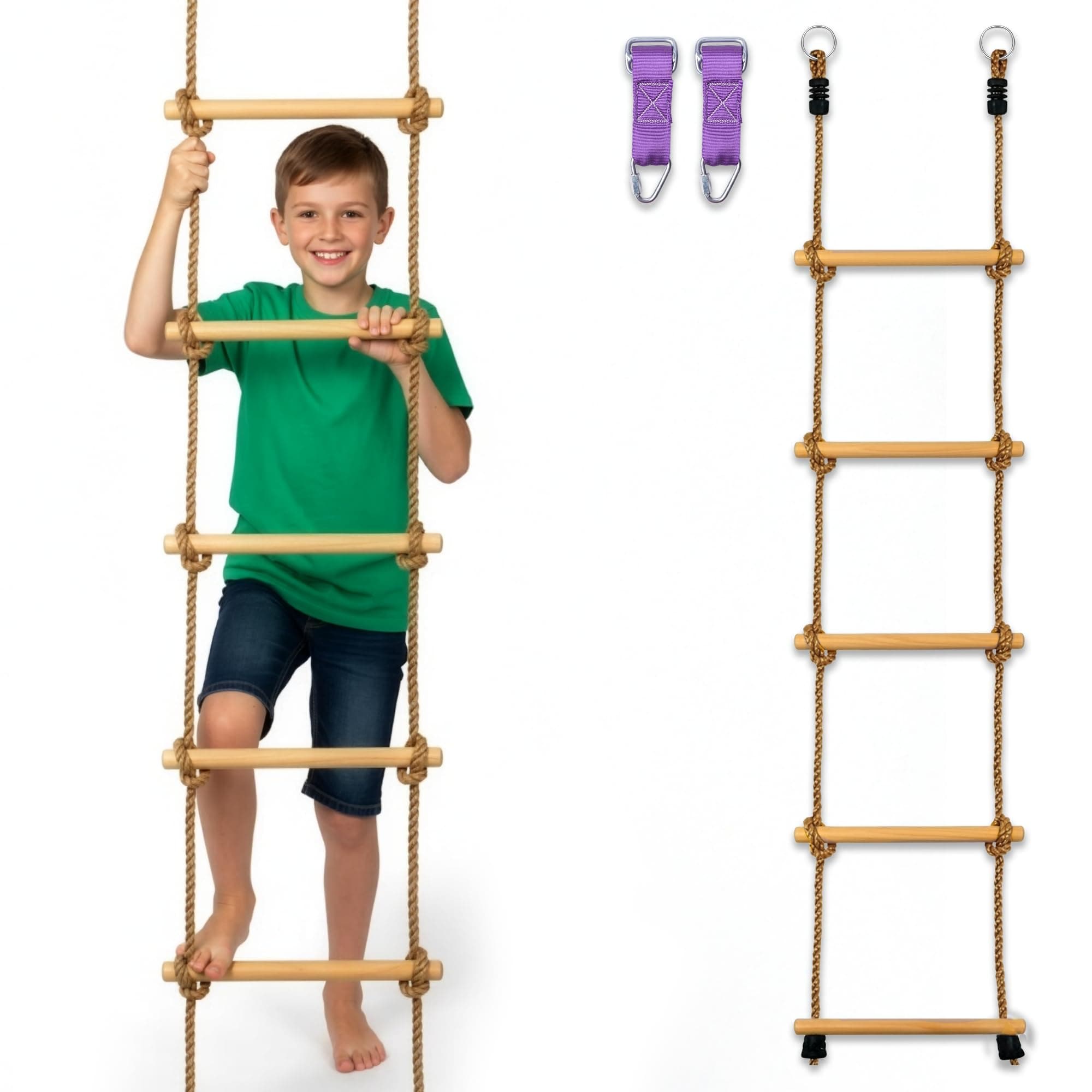Trailblaze Wooden Rope Ladder for Kids – 6ft Outdoor Climbing Ladder with Real Wood Rungs, Heavy-Duty Rope & 2 Carabiners – Treehouse, Swing Set, Ninja Course & Playground Accessory