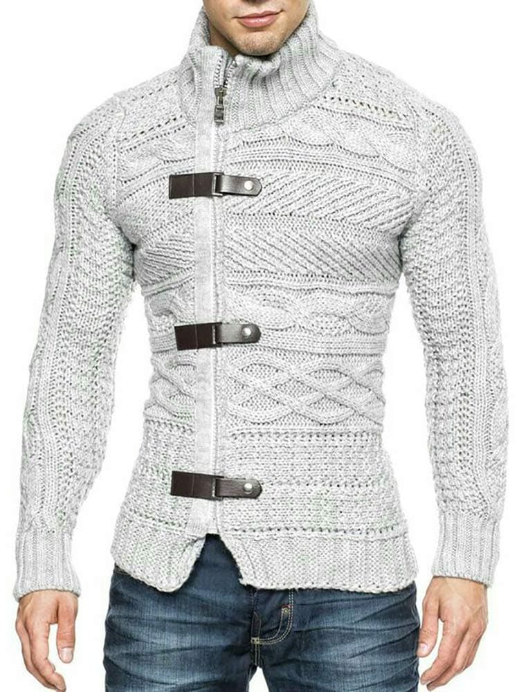 Men's Cable Knitted Oplique Zip Button Front Long Sleeve Cardigan Sweater