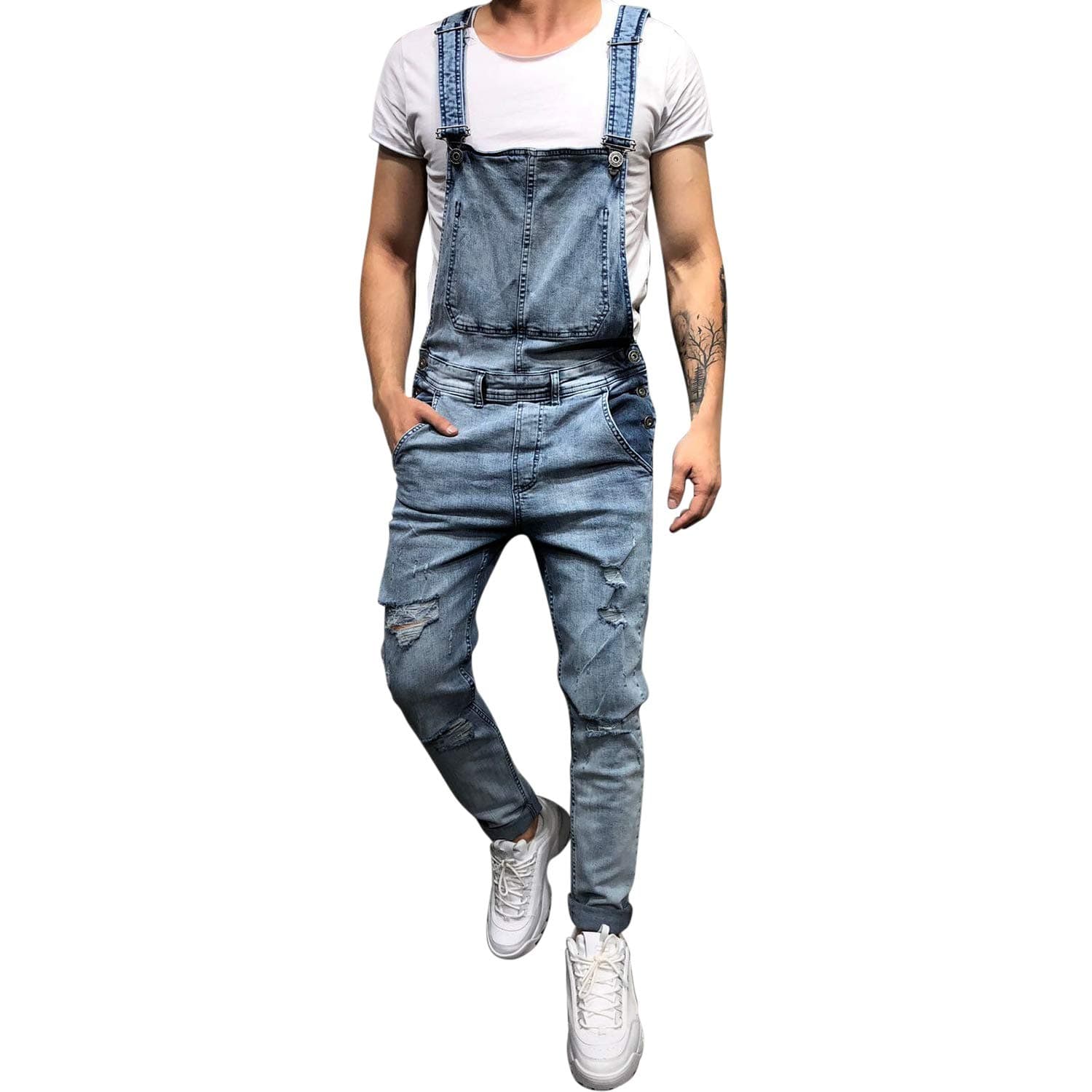 semenMens Denim Overalls Fashion Ripped Bib Jeans Slim Fittted Jumpsuit with Pockets