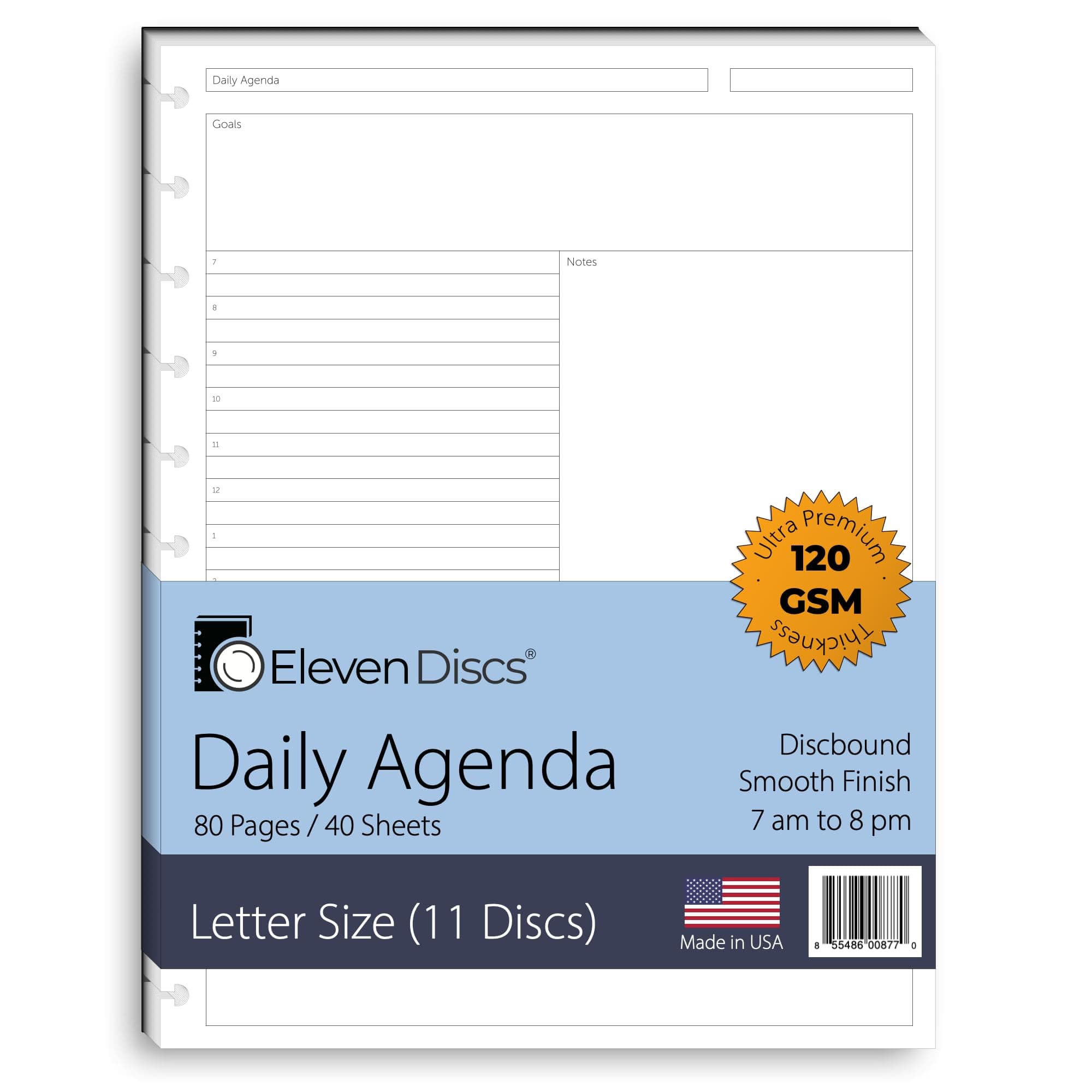 Eleven Discs Discbound Paper, Letter Size Daily Agenda Sheets - Premium 120gsm Heavyweight Notebook & Planner Refills - 11 Discs, 8.5 x 11 in - Punched for Circa, Arc, TUL (40 Sheets)