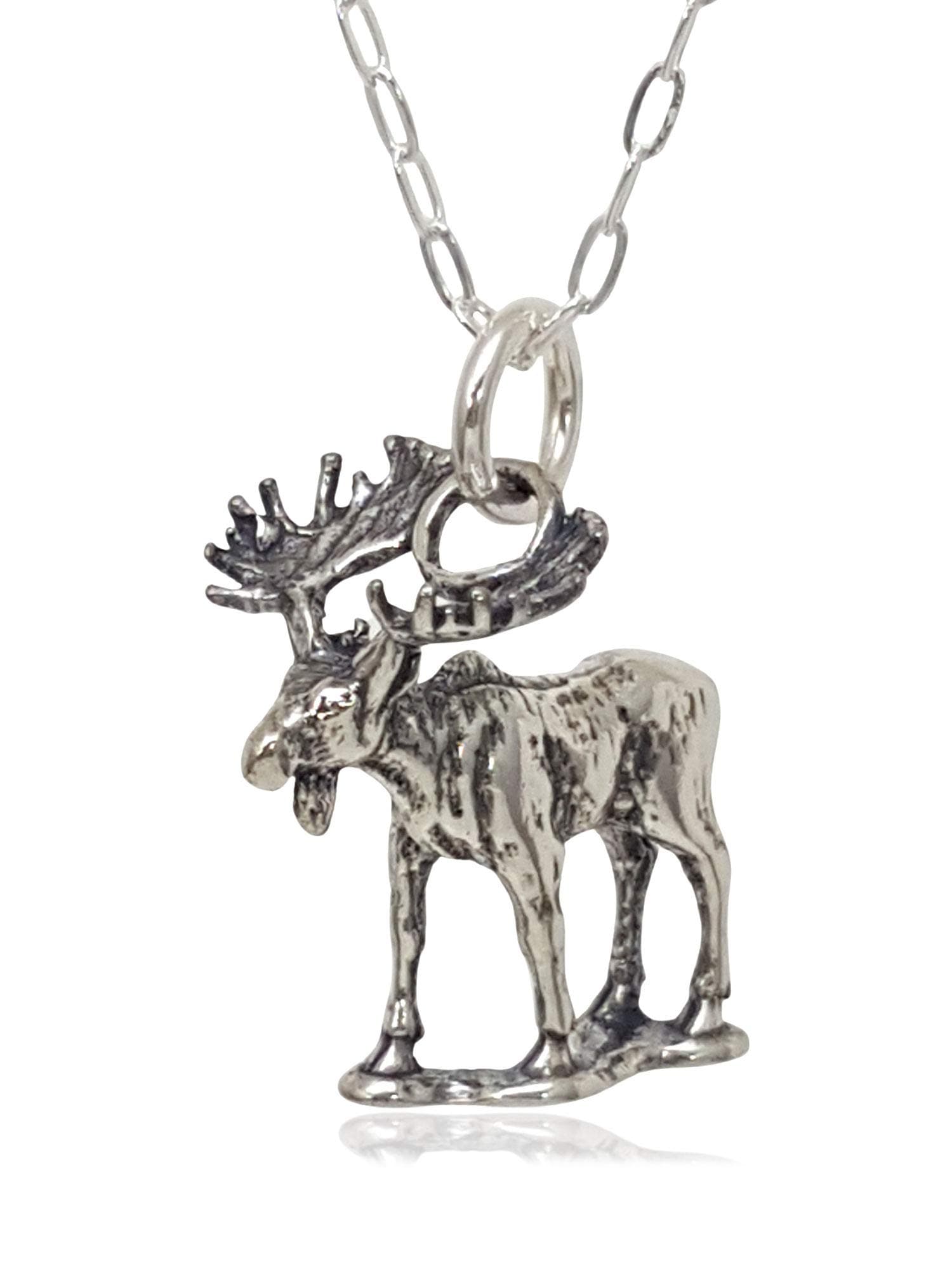 Sterling Silver Bull Moose or Elk 3D Charm Necklace, 18"