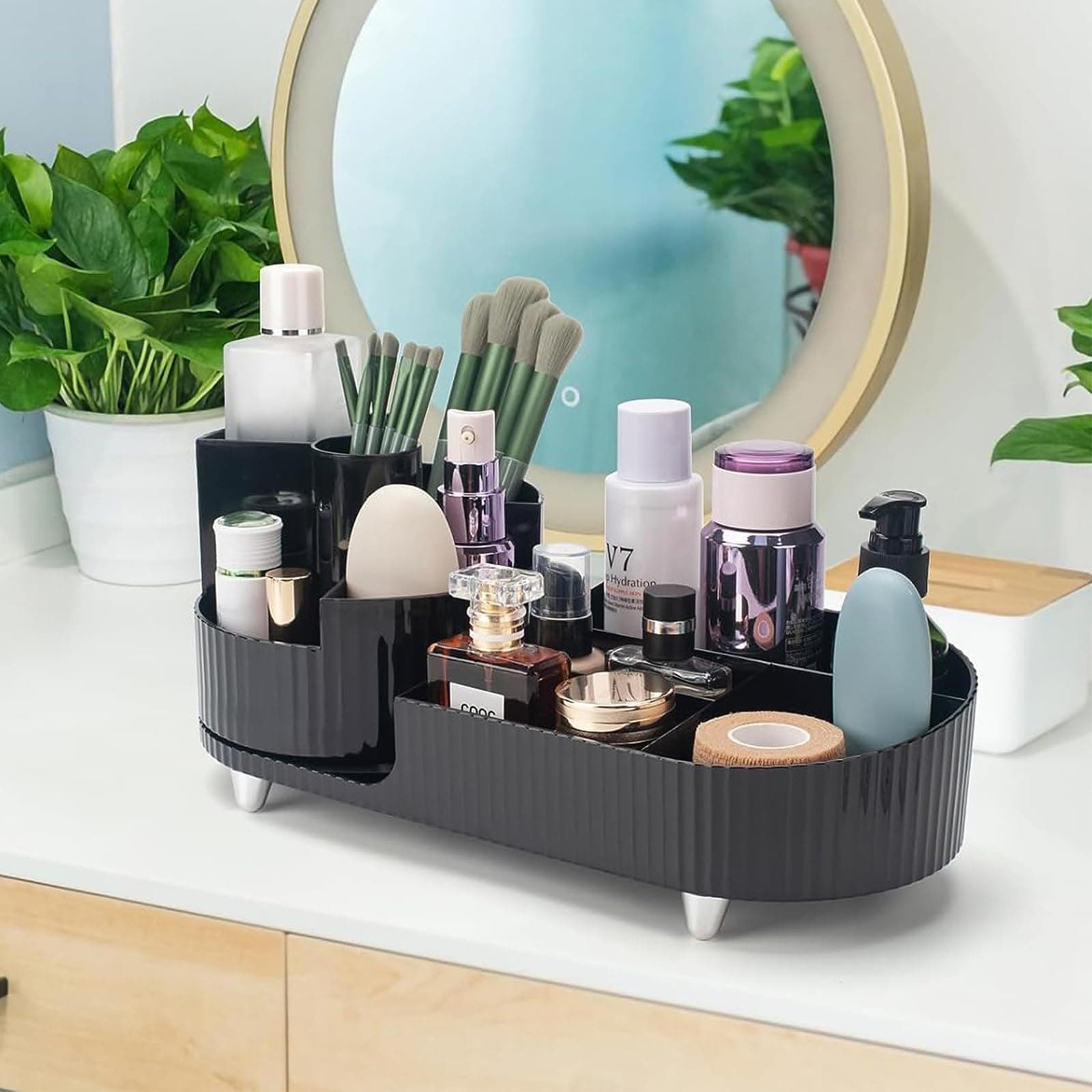 Paperbacks Makeup Organizer for Vanity, Large Capacity Skincare Organizer with Rotating Makeup Brush Holder, Desk Cosmetics Organizers Storage for Bedroom and Bathroom Countertops (Black)