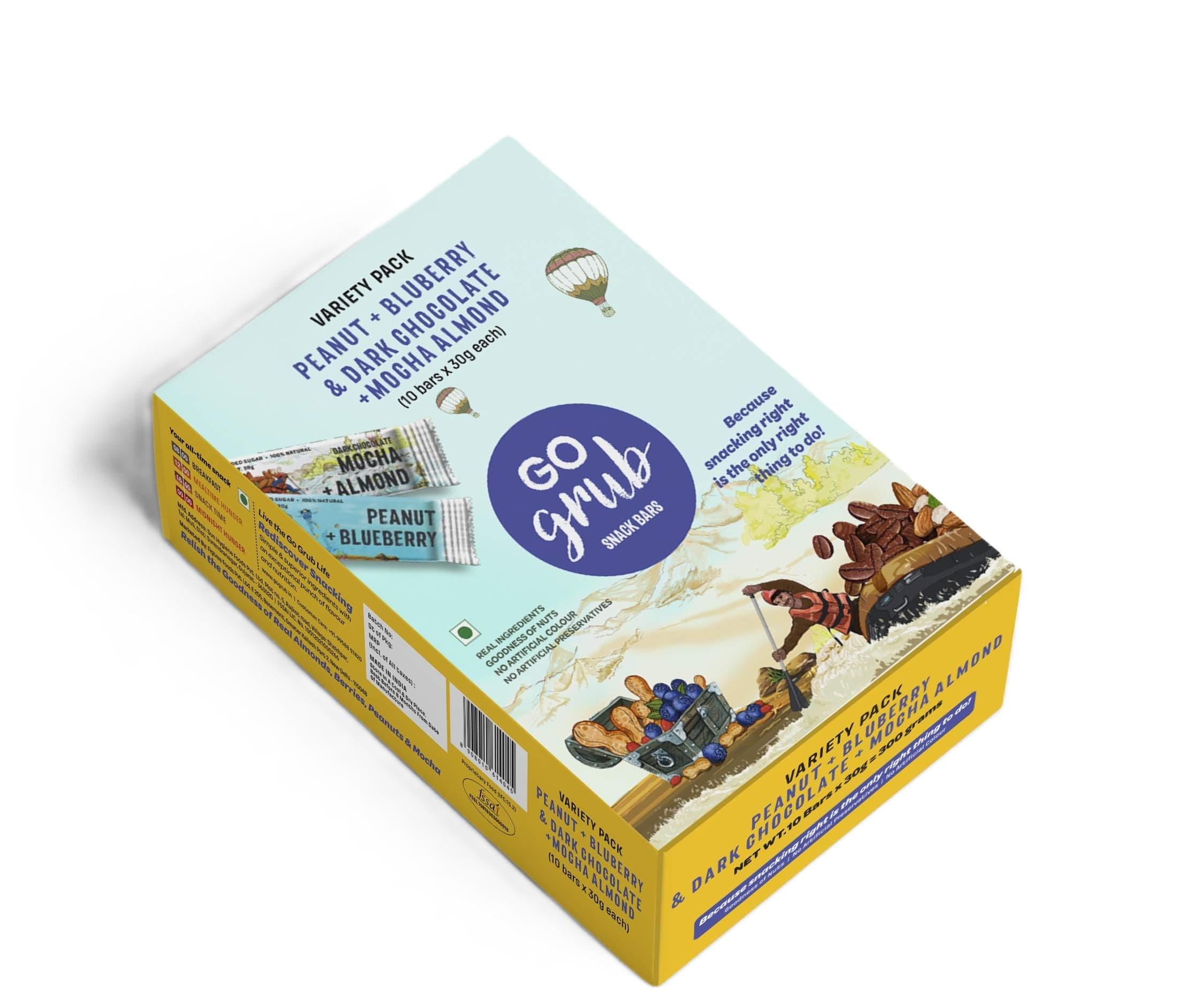 Go Grub - Variety Box | 5 Mocha Almond+ 5 Peanut Blueberry Bars | Crunchy Energy Bars with Peanuts, Real Almonds & Berries | No Preservative | 100% Vegetarian | Healthy Snack | Pack of 10