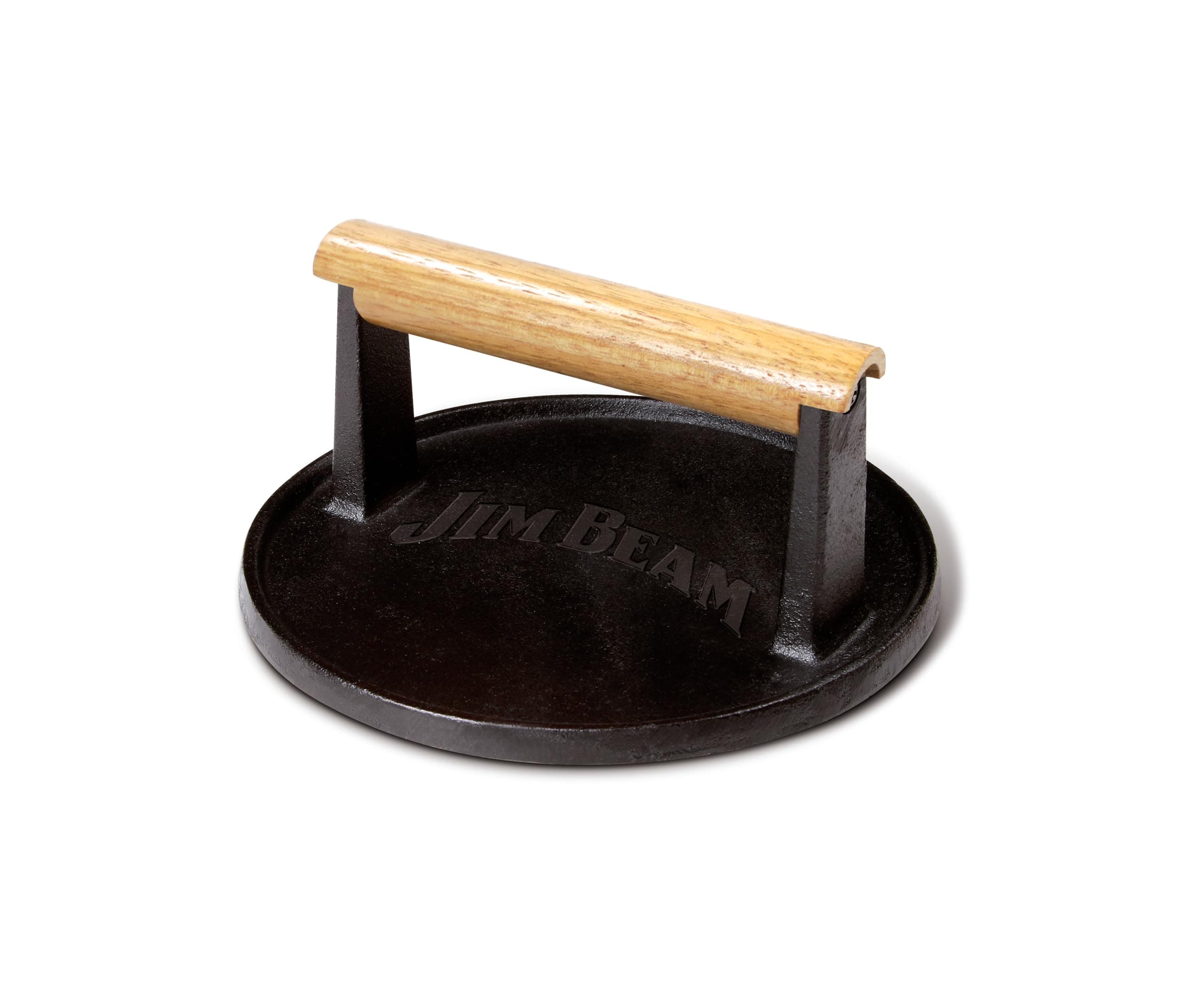 JB0158 Black Cast Iron Burger Press - 7'' Heavy Duty Burger Press with Solid Wood Handle